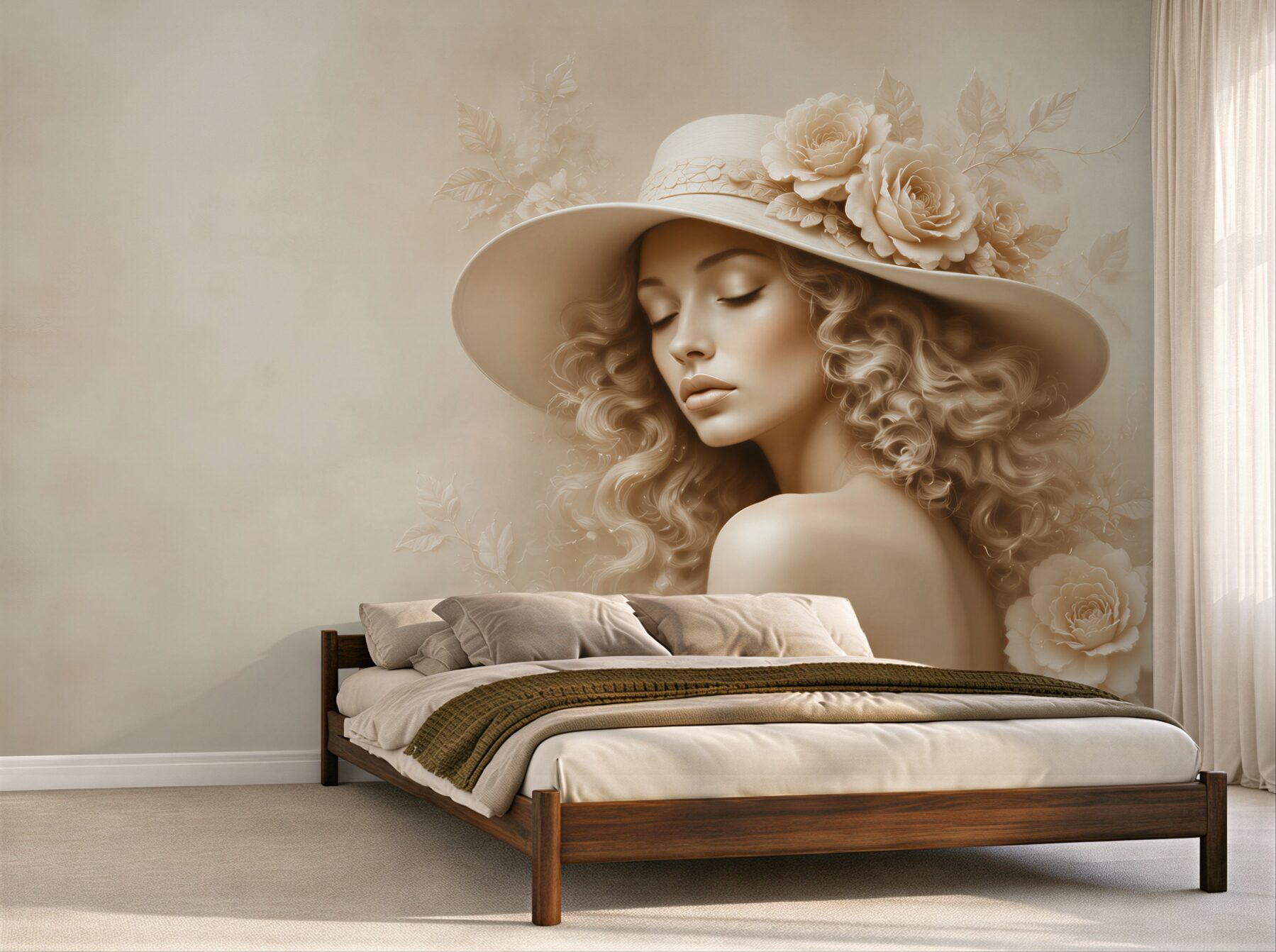 Fototapeta portret kobiety w kapeluszu z różami beżowa elegancka?v23