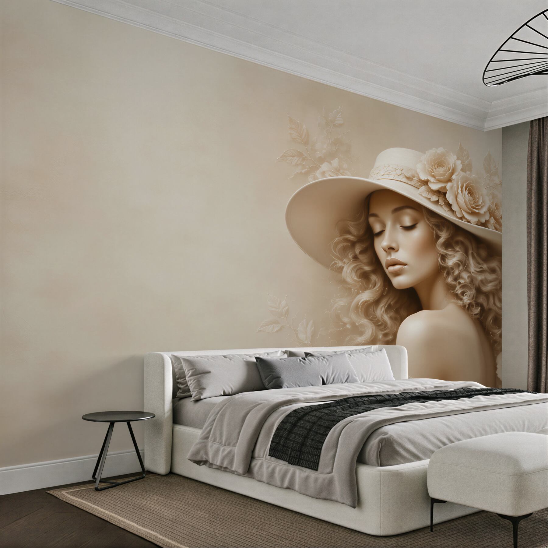 Fototapeta portret kobiety w kapeluszu z różami beżowa elegancka?v23