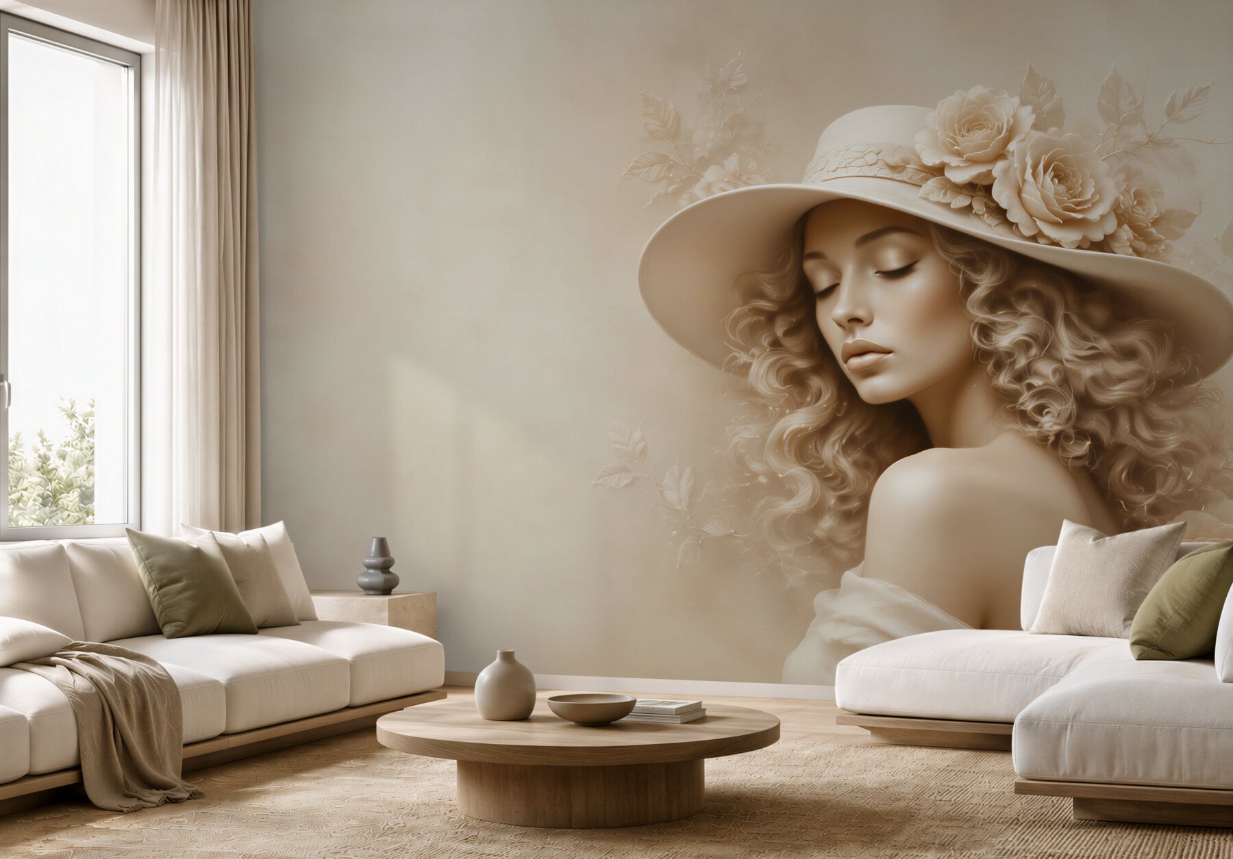 Fototapeta portret kobiety w kapeluszu z różami beżowa elegancka?v23