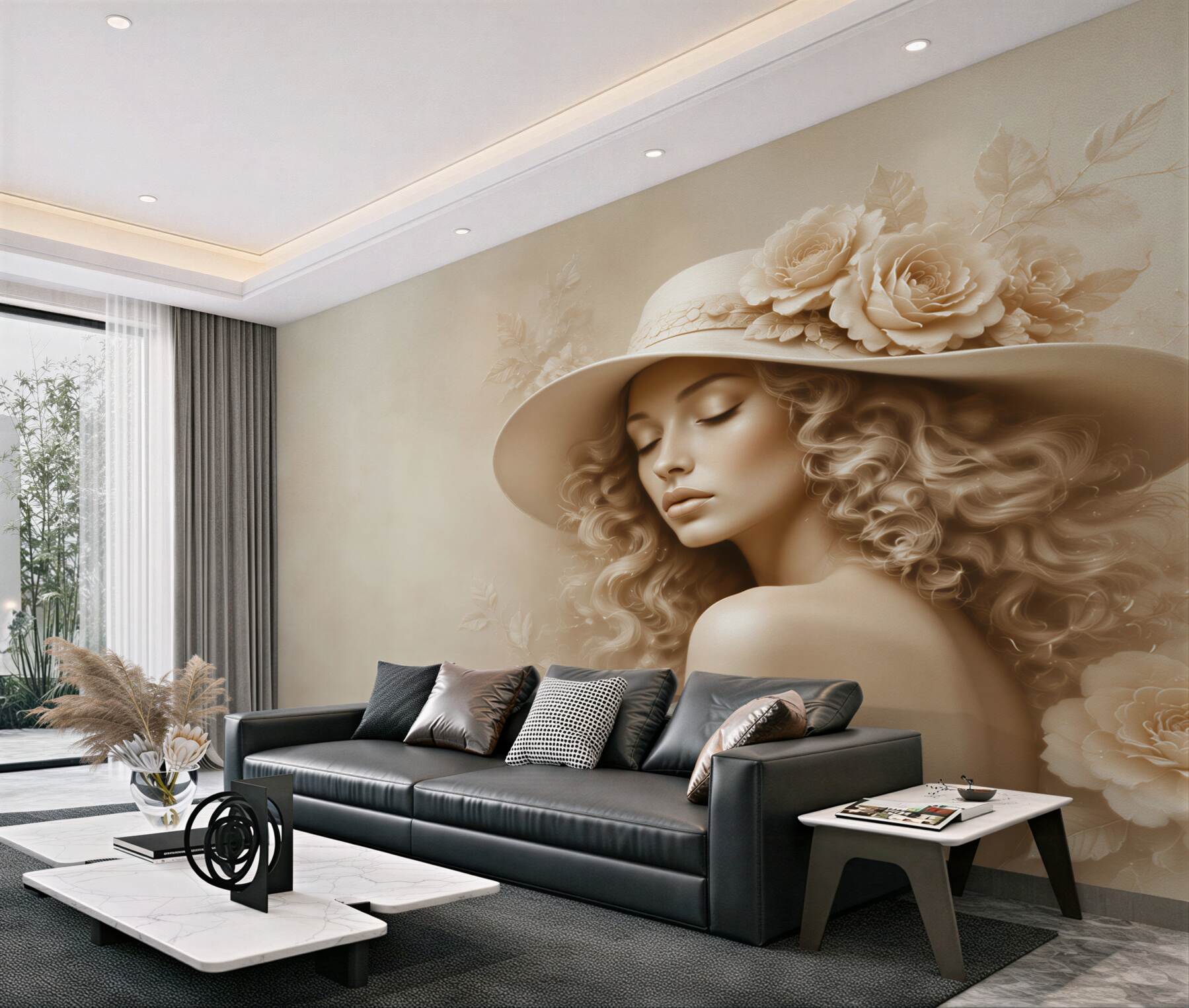 Fototapeta portret kobiety w kapeluszu z różami beżowa elegancka?v23