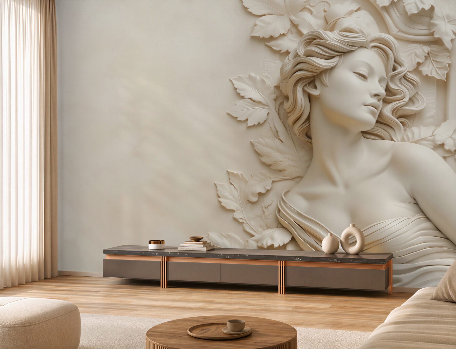 Fototapeta kobieta w rzeźbie 3D z liśćmi beżowa elegancka?v23