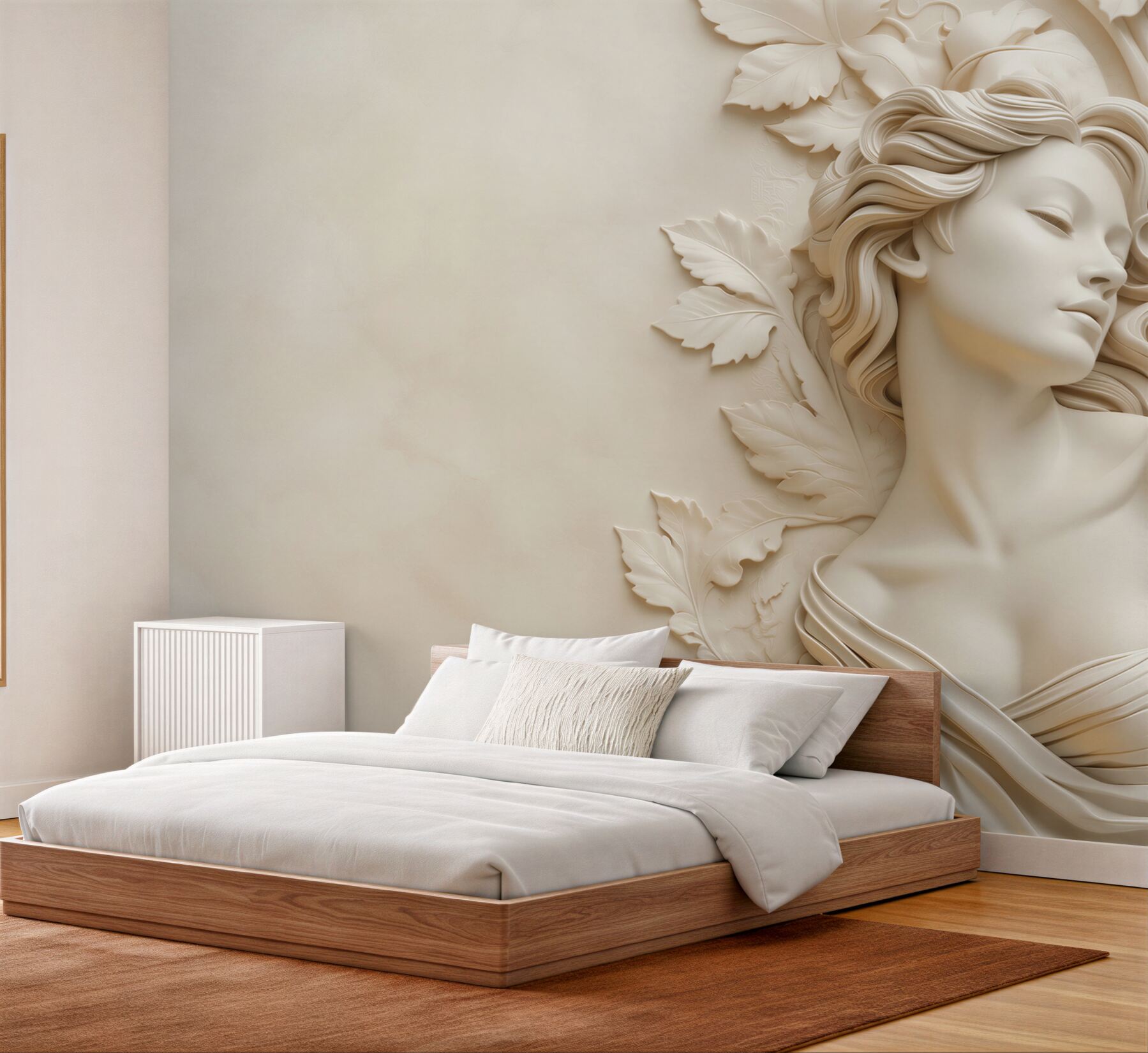 Fototapeta kobieta w rzeźbie 3D z liśćmi beżowa elegancka?v23