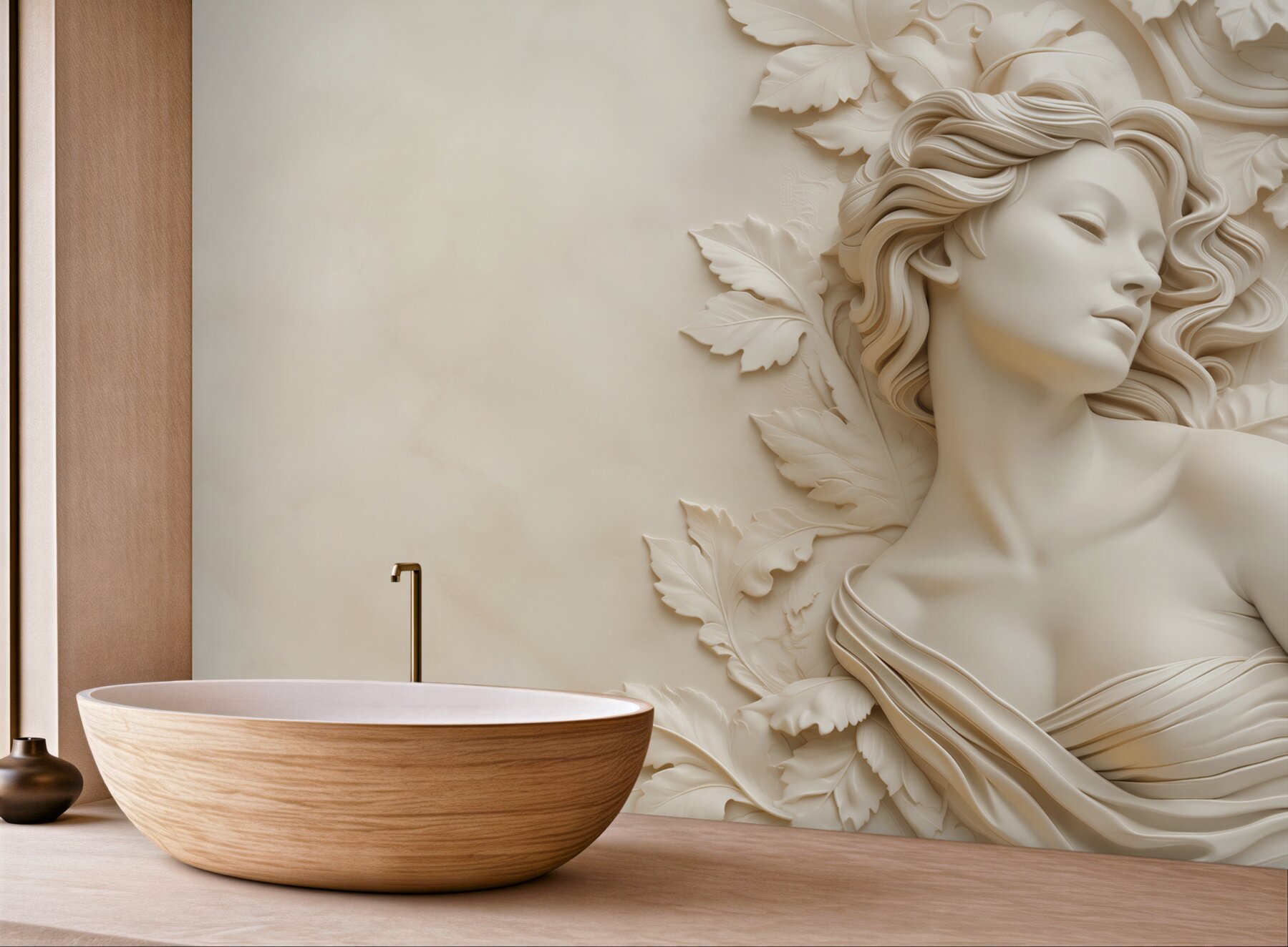 Fototapeta kobieta w rzeźbie 3D z liśćmi beżowa elegancka?v23