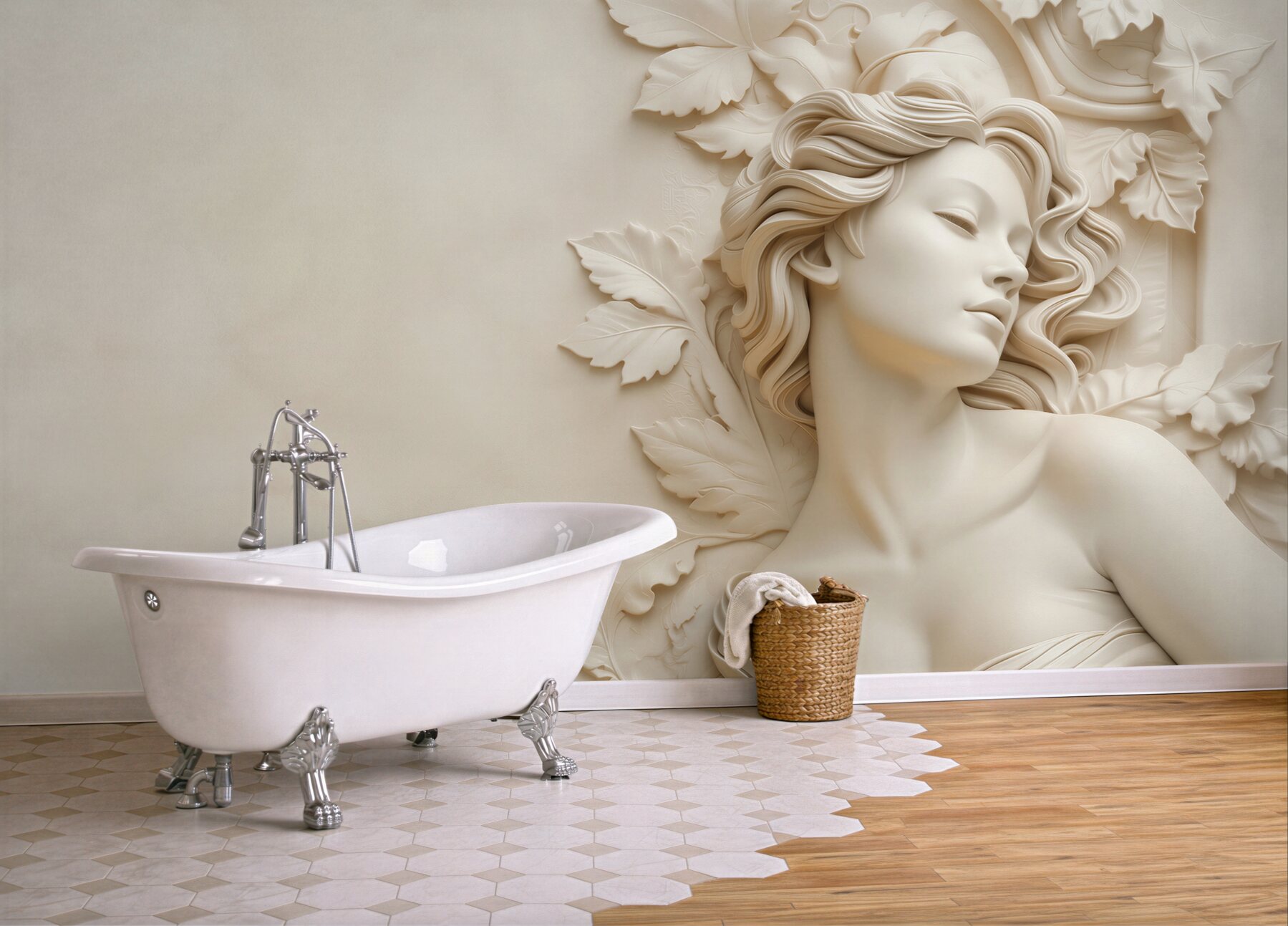 Fototapeta kobieta w rzeźbie 3D z liśćmi beżowa elegancka?v23