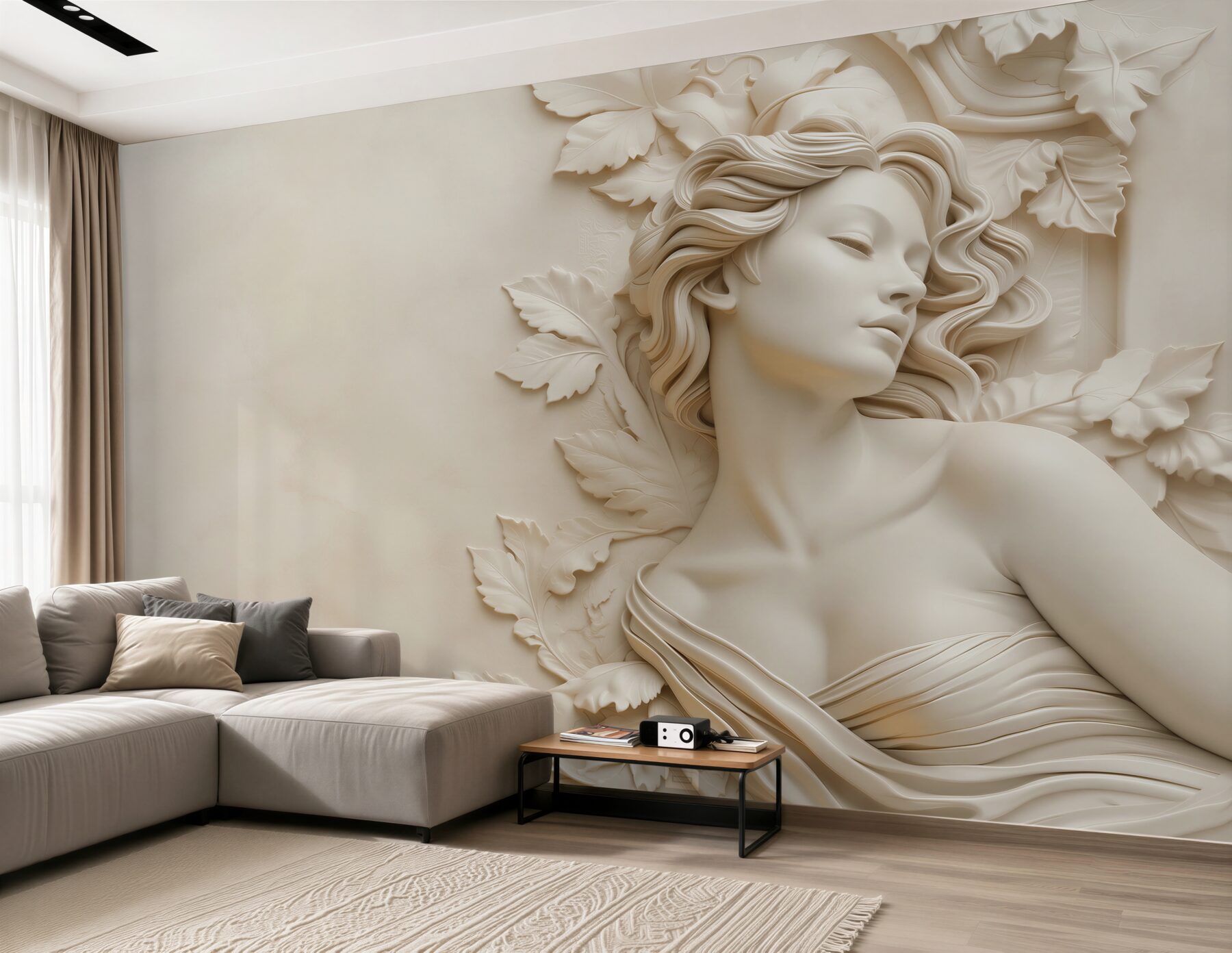 Fototapeta kobieta w rzeźbie 3D z liśćmi beżowa elegancka?v23