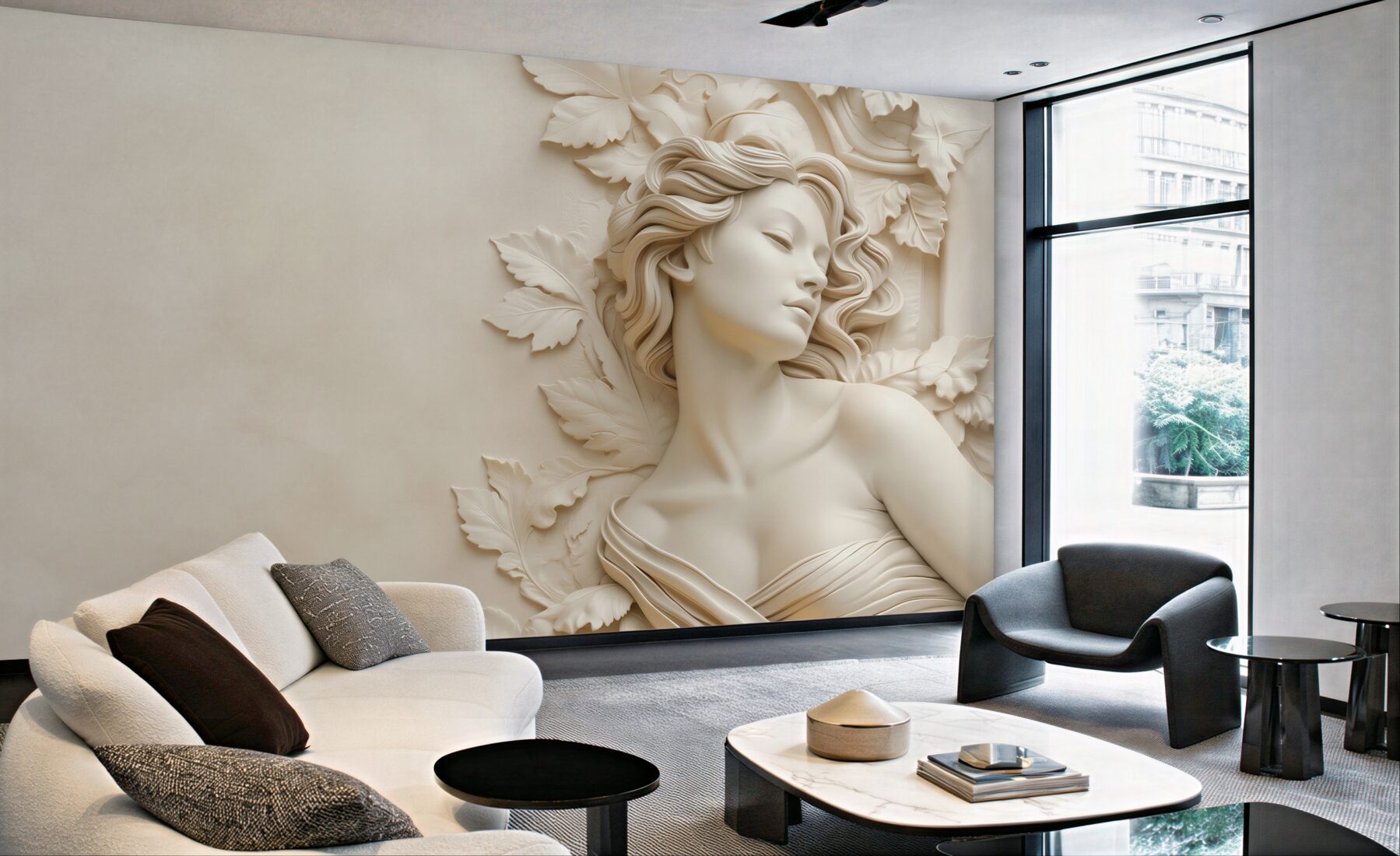 Fototapeta kobieta w rzeźbie 3D z liśćmi beżowa elegancka?v23