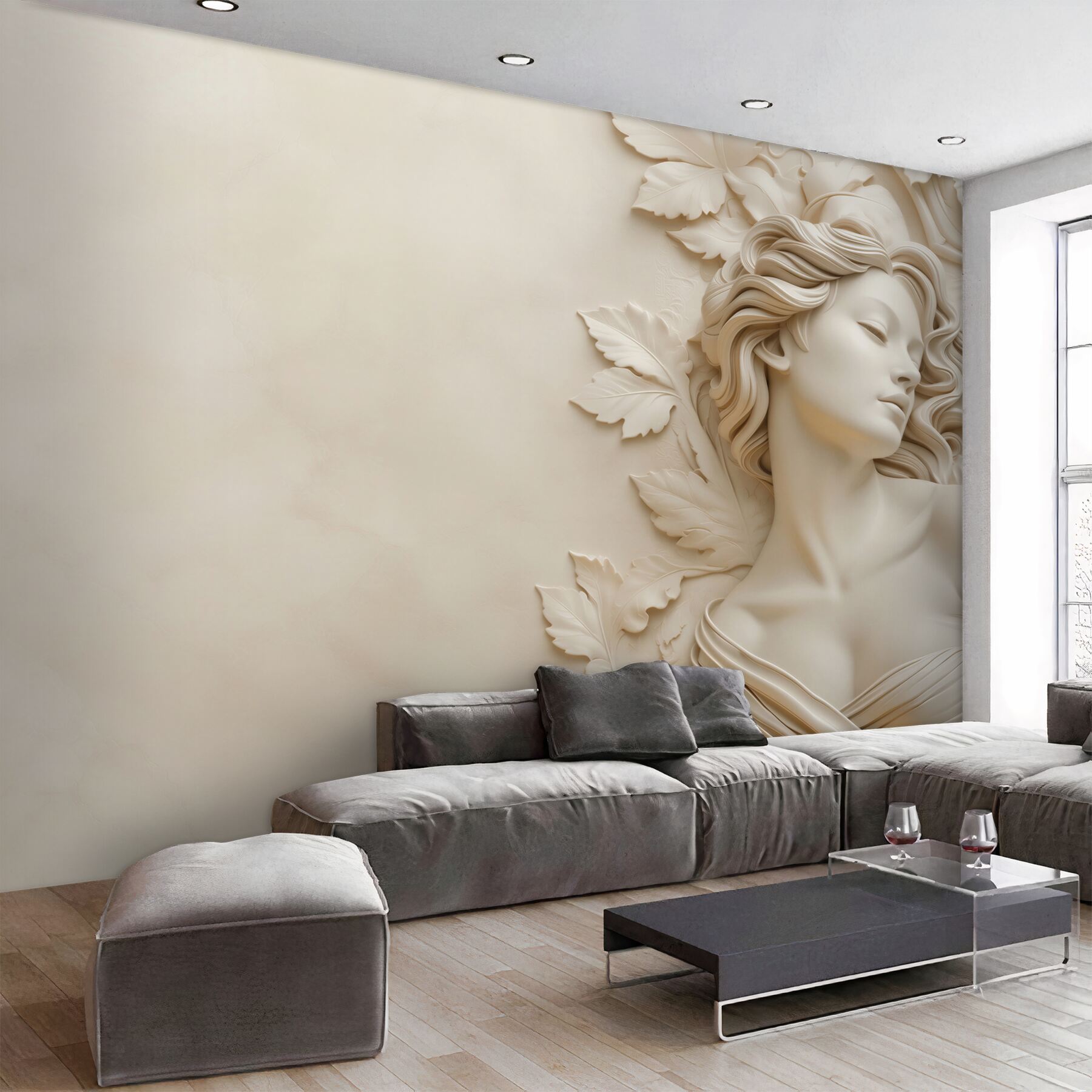 Fototapeta kobieta w rzeźbie 3D z liśćmi beżowa elegancka?v23