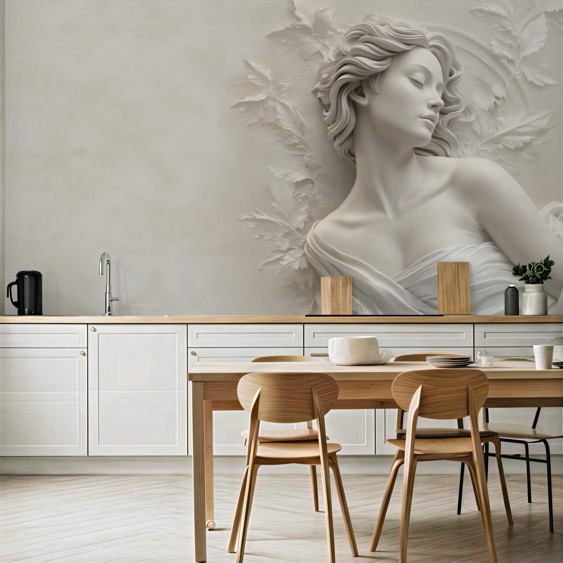 Fototapeta kobieta w białej rzeźbie 3D z liśćmi subtelna elegancja?v23