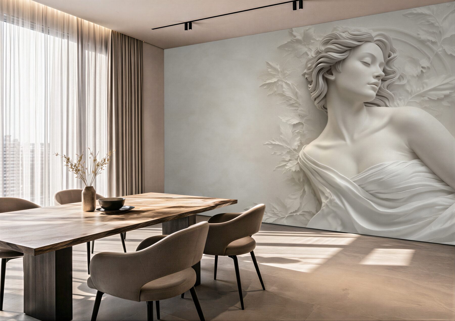 Fototapeta kobieta w białej rzeźbie 3D z liśćmi subtelna elegancja?v23