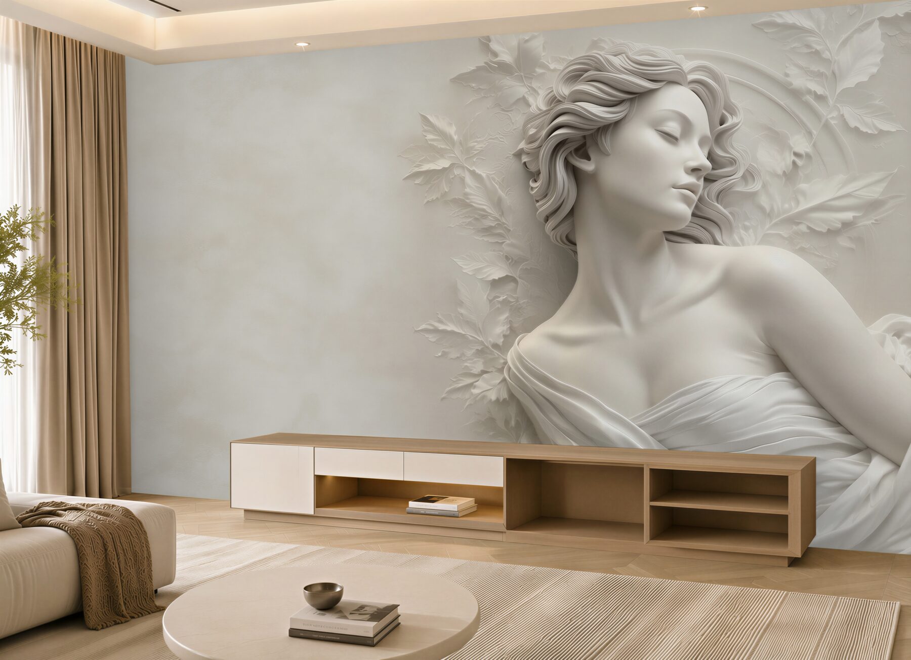 Fototapeta kobieta w białej rzeźbie 3D z liśćmi subtelna elegancja?v23