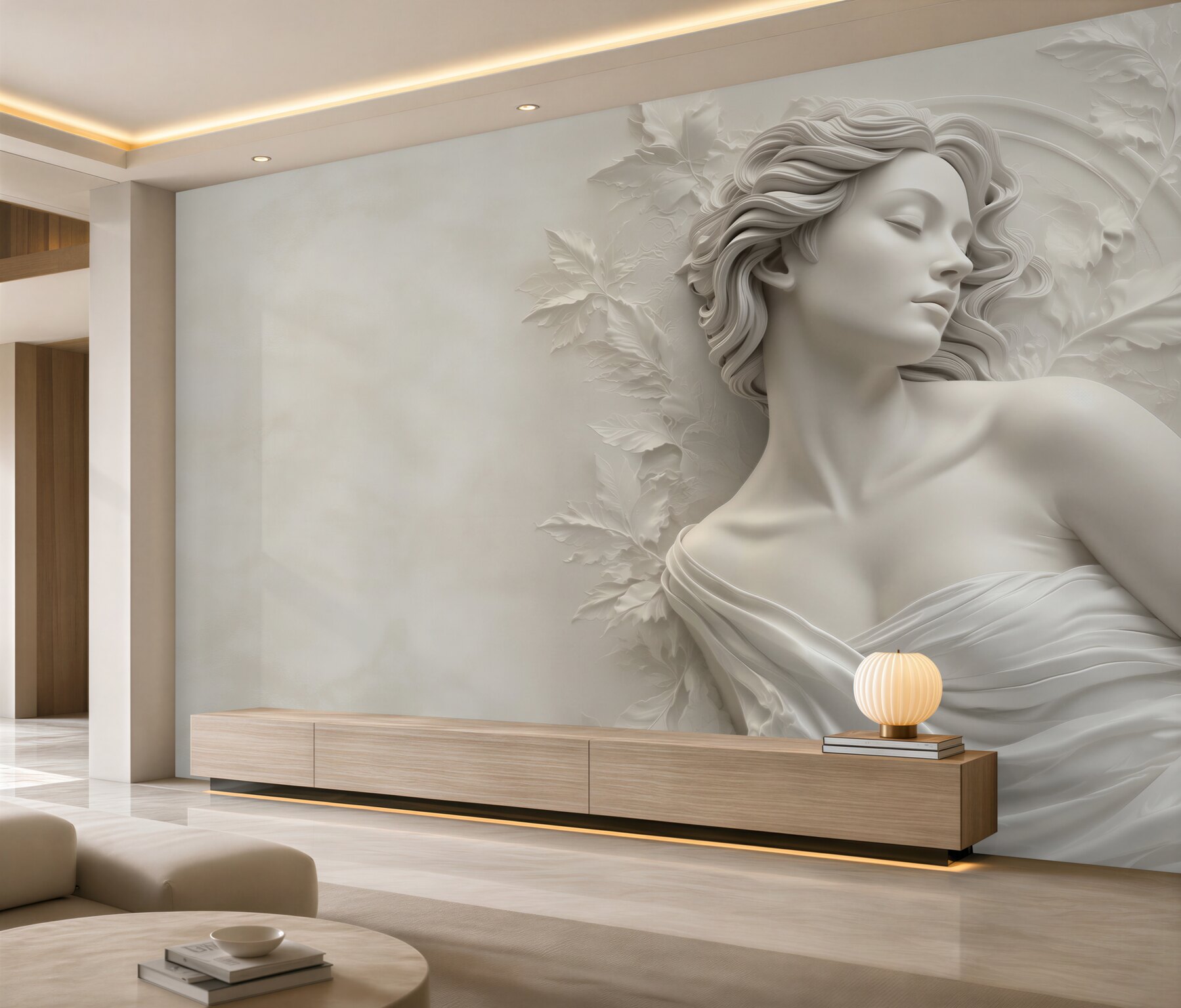 Fototapeta kobieta w białej rzeźbie 3D z liśćmi subtelna elegancja?v23