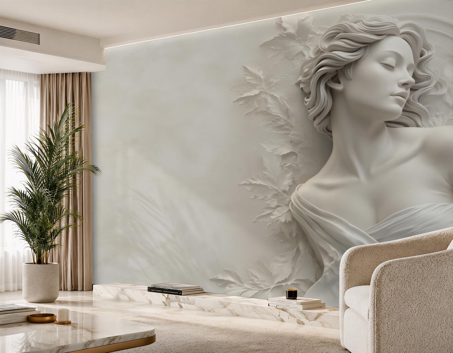 Fototapeta kobieta w białej rzeźbie 3D z liśćmi subtelna elegancja?v23