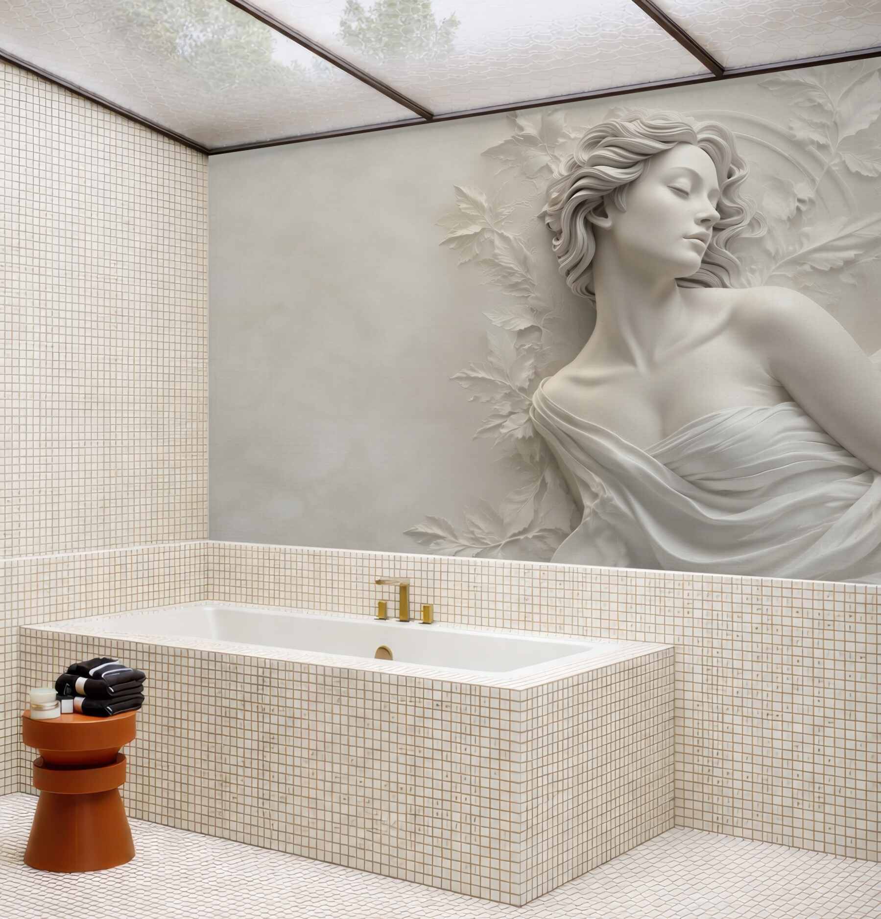Fototapeta kobieta w białej rzeźbie 3D z liśćmi subtelna elegancja?v23