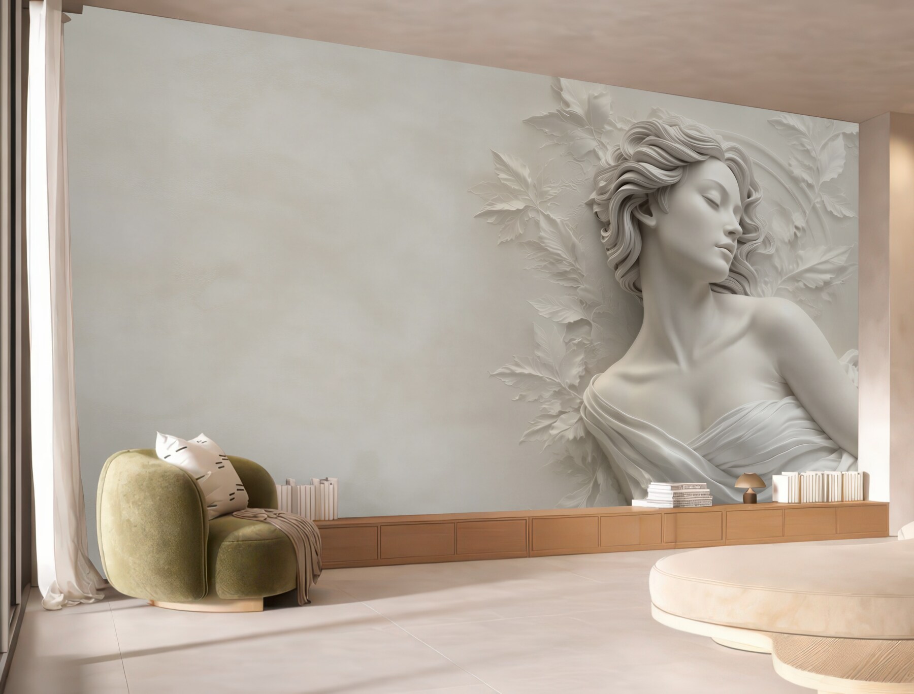 Fototapeta kobieta w białej rzeźbie 3D z liśćmi subtelna elegancja?v23