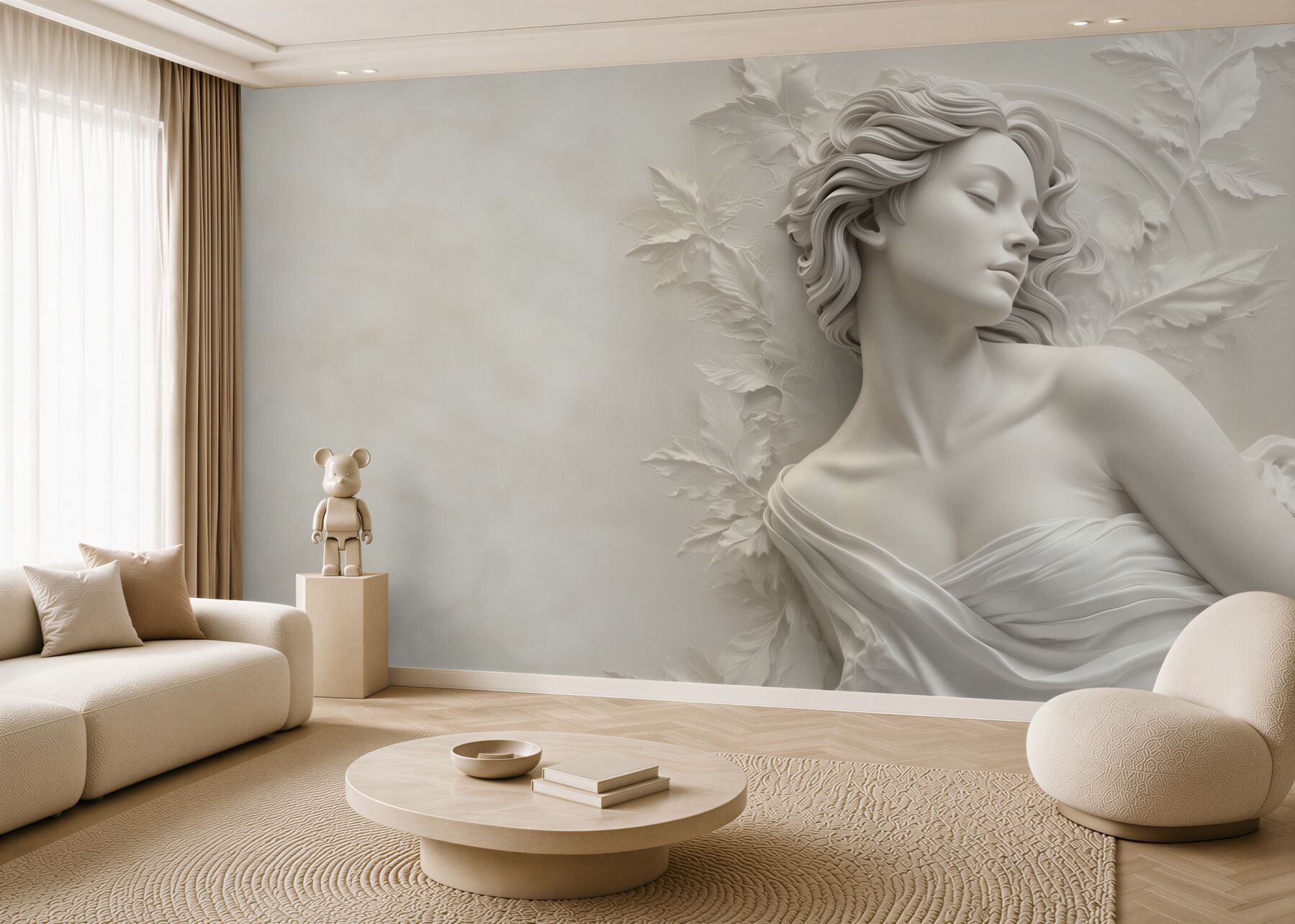 Fototapeta kobieta w białej rzeźbie 3D z liśćmi subtelna elegancja?v23