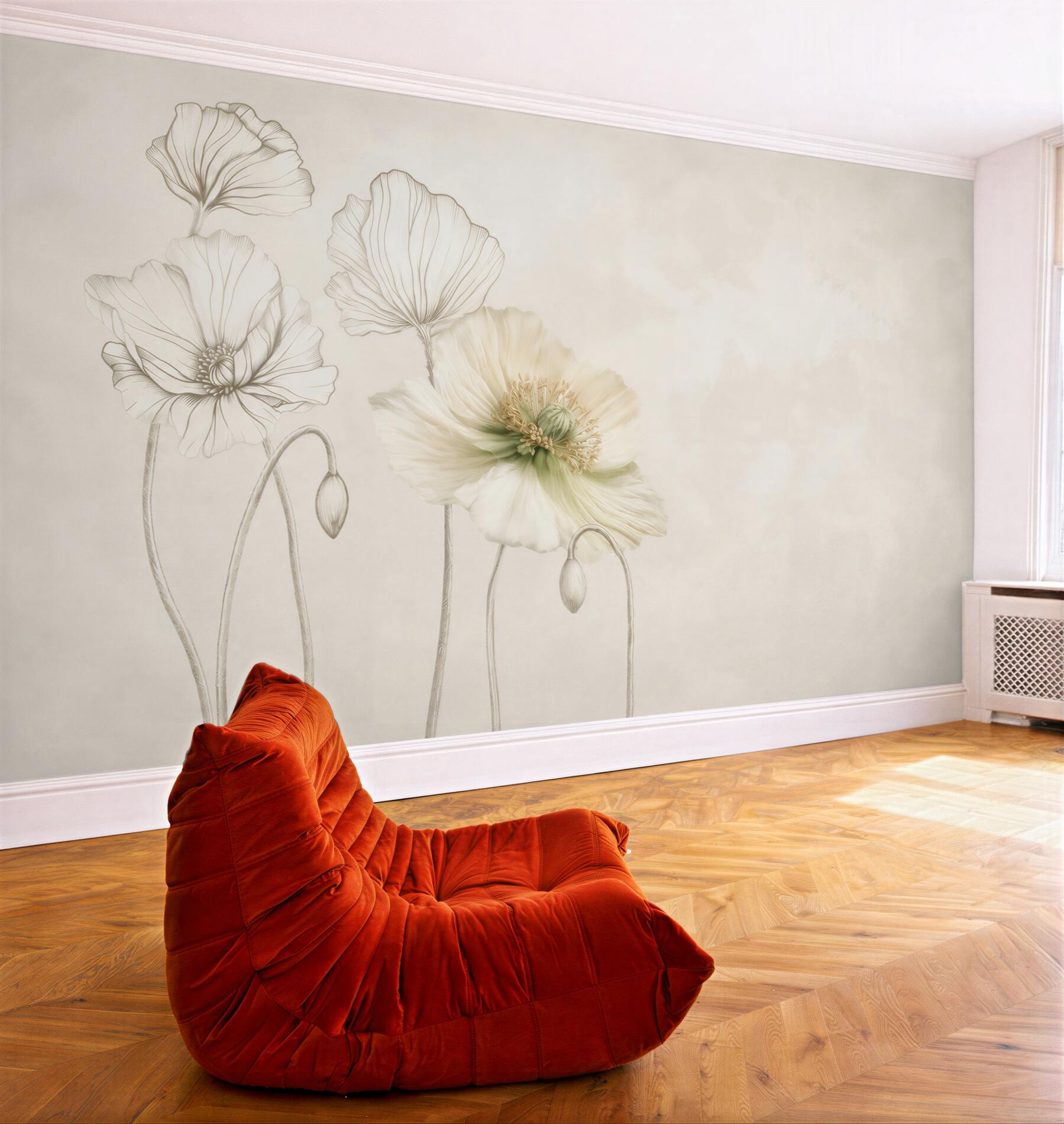 Fototapeta kremowe maki line art na jasnym eleganckim tle?v23
