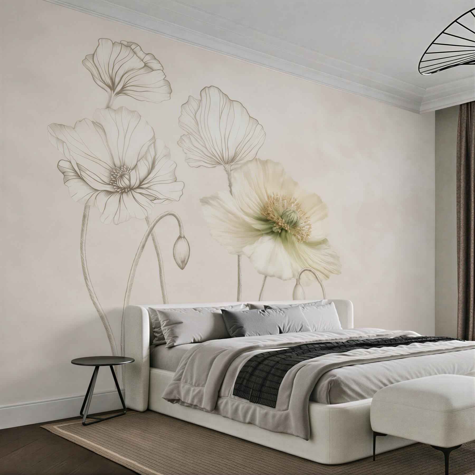 Fototapeta kremowe maki line art na jasnym eleganckim tle?v23