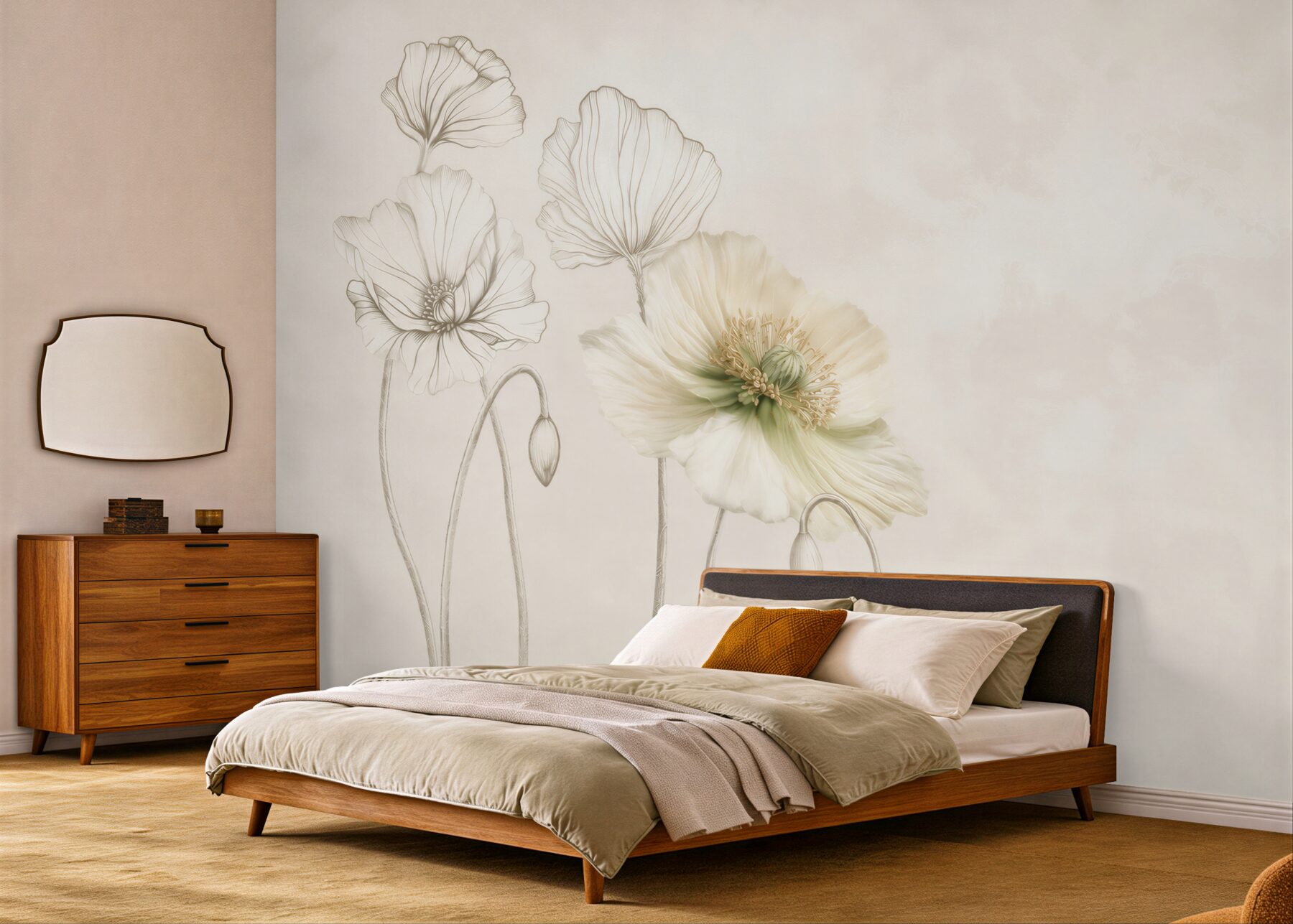 Fototapeta kremowe maki line art na jasnym eleganckim tle?v23