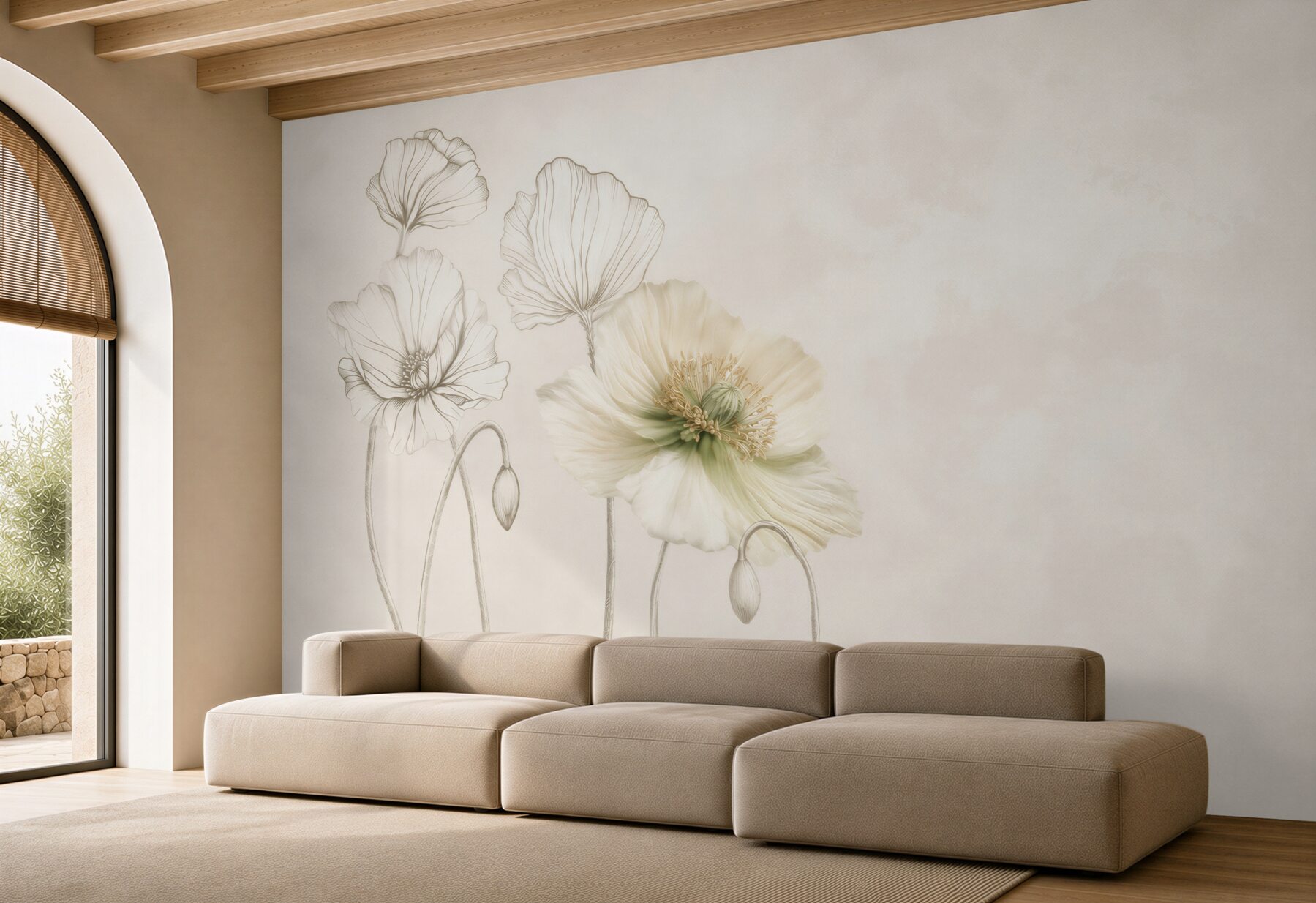 Fototapeta kremowe maki line art na jasnym eleganckim tle?v23