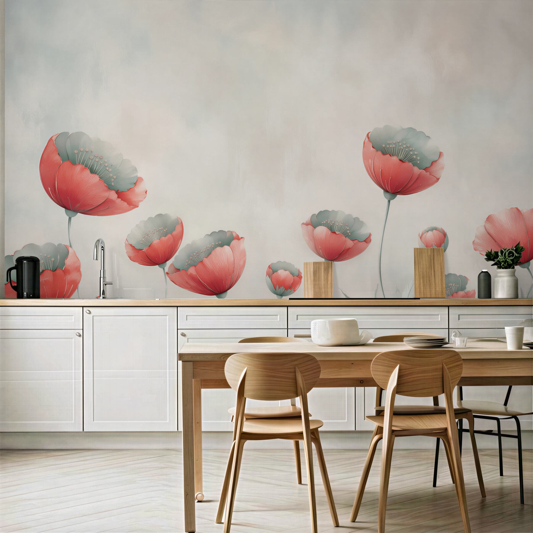 Fototapeta czerwone maki pastelowe nowoczesne kwiaty?v23