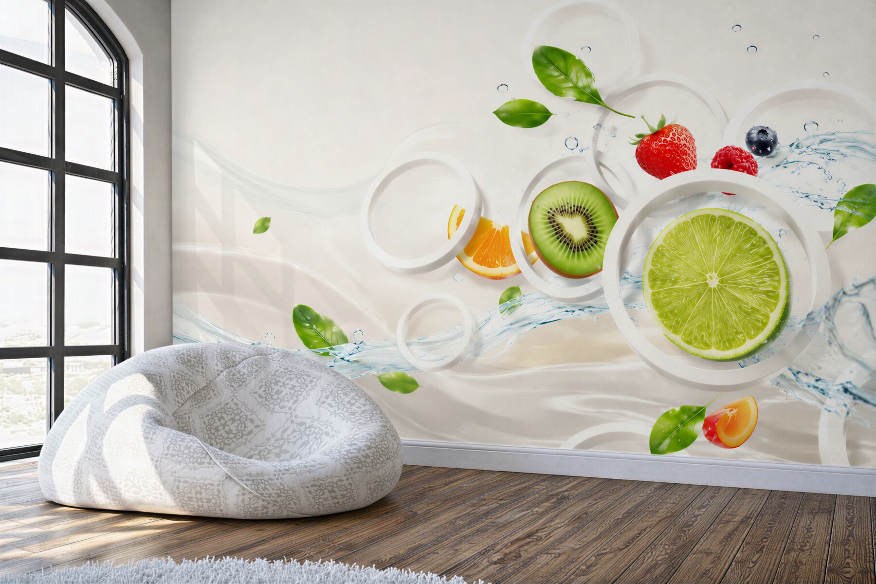 Fototapeta owoce cytrusy kiwi i truskawki z wodą?v23