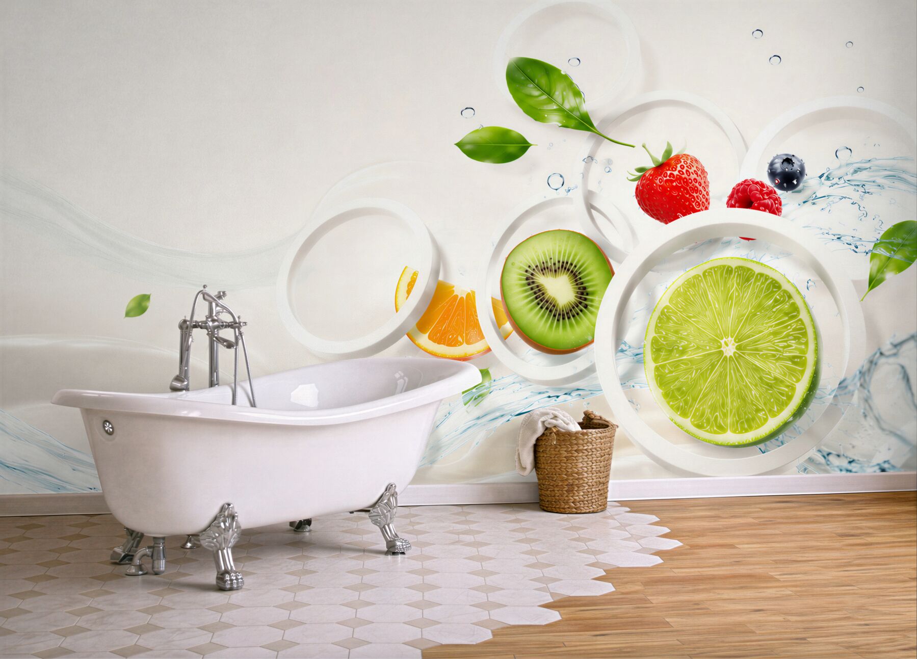 Fototapeta owoce cytrusy kiwi i truskawki z wodą?v23