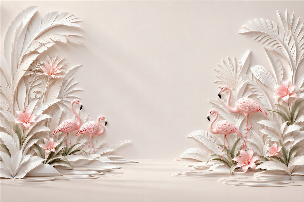 Fototapeta różowe flamingi w tropikalnych liściach pastelowa