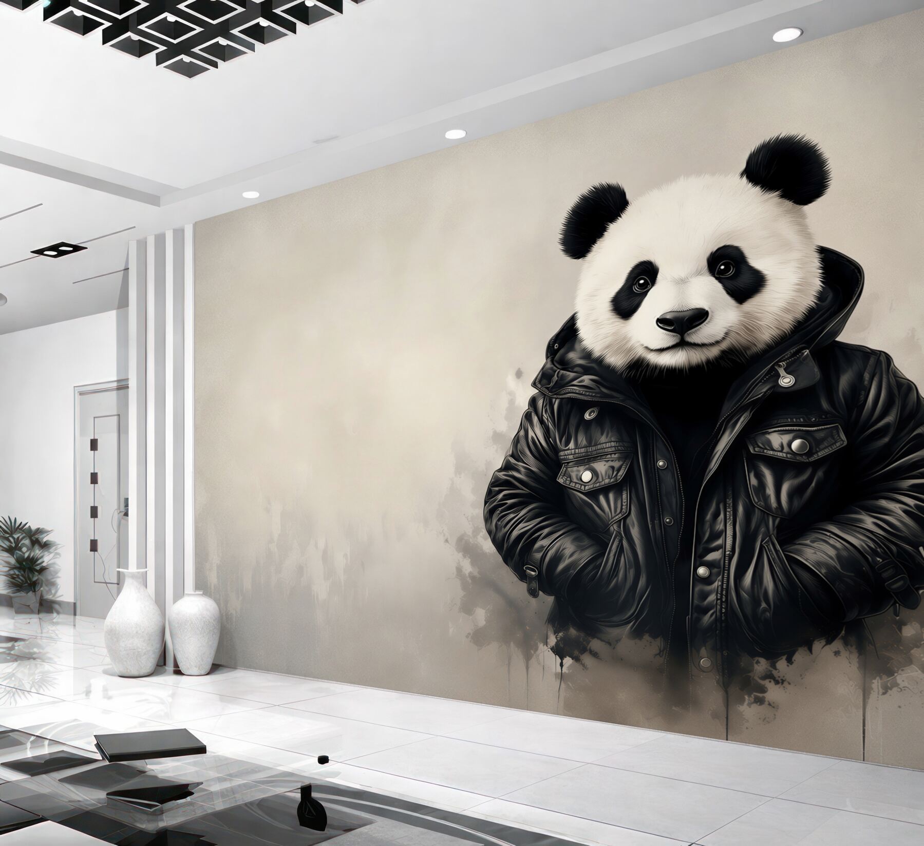 Fototapeta panda w czarnej kurtce nowoczesny styl street art?v23