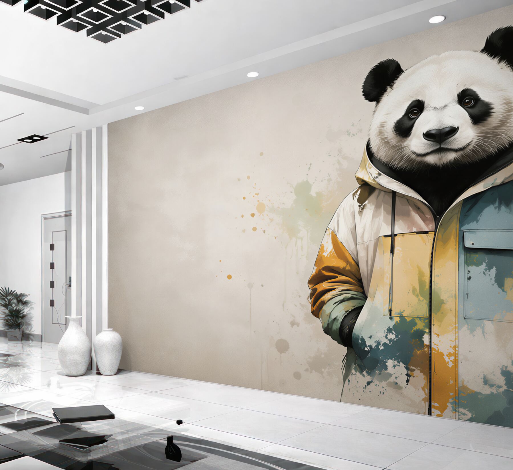 Fototapeta panda w kolorowej kurtce nowoczesna dekoracja do pokoju?v23