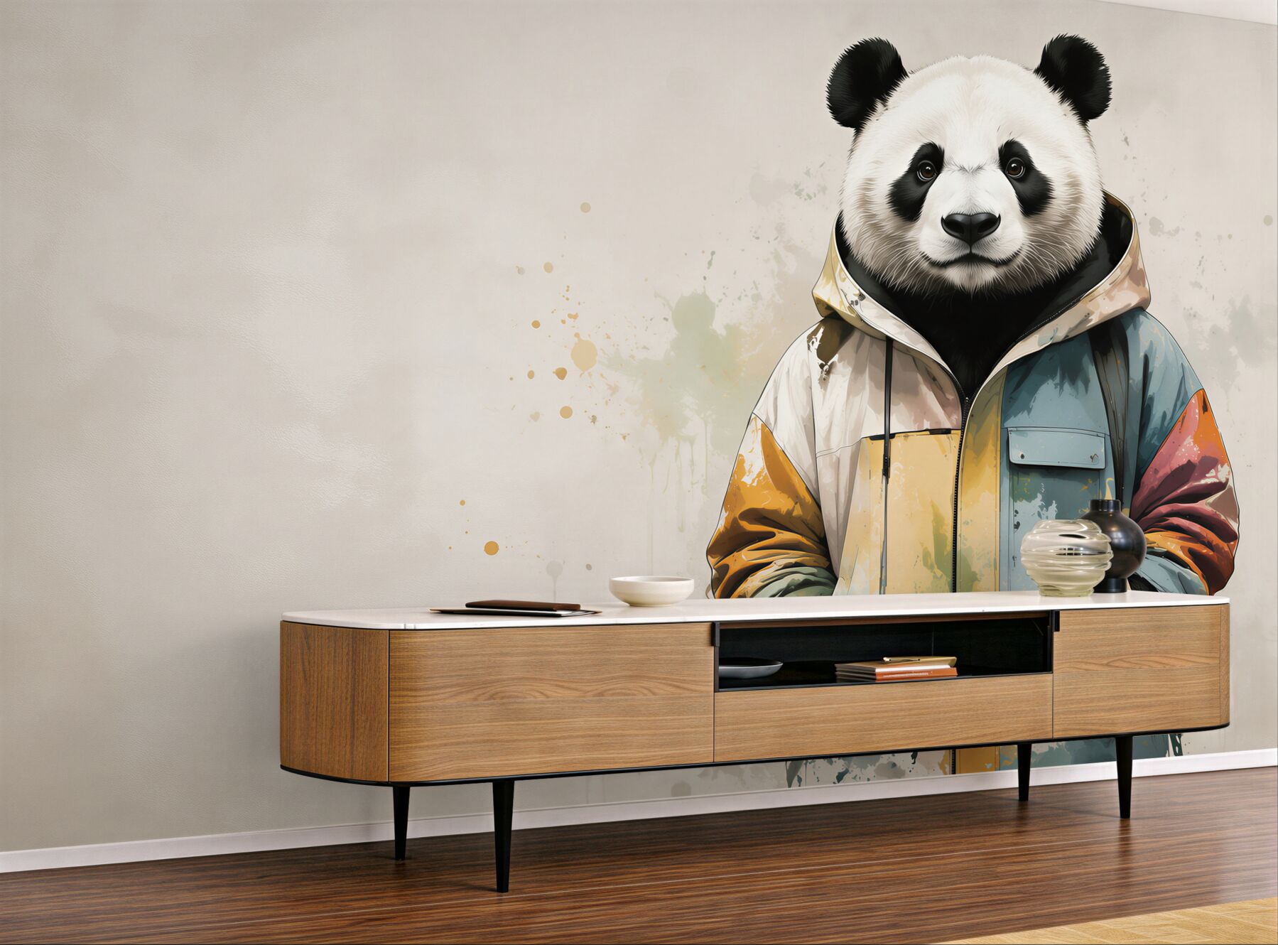 Fototapeta panda w kolorowej kurtce nowoczesna dekoracja do pokoju?v23