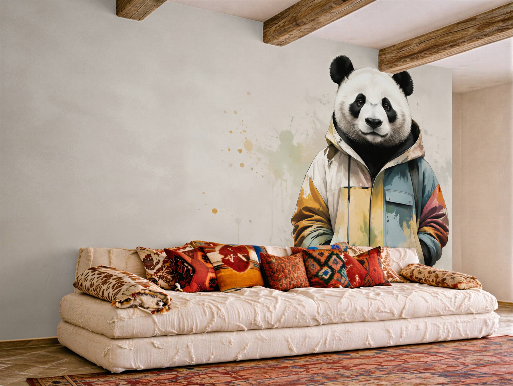 Fototapeta panda w kolorowej kurtce nowoczesna dekoracja do pokoju