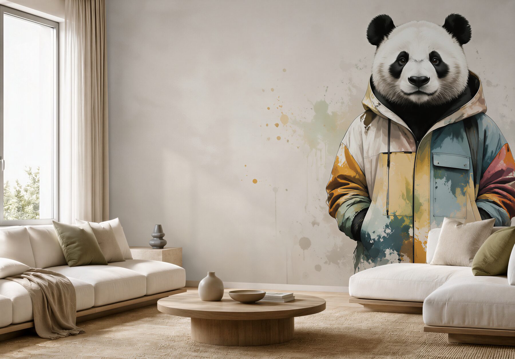 Fototapeta panda w kolorowej kurtce nowoczesna dekoracja do pokoju?v23