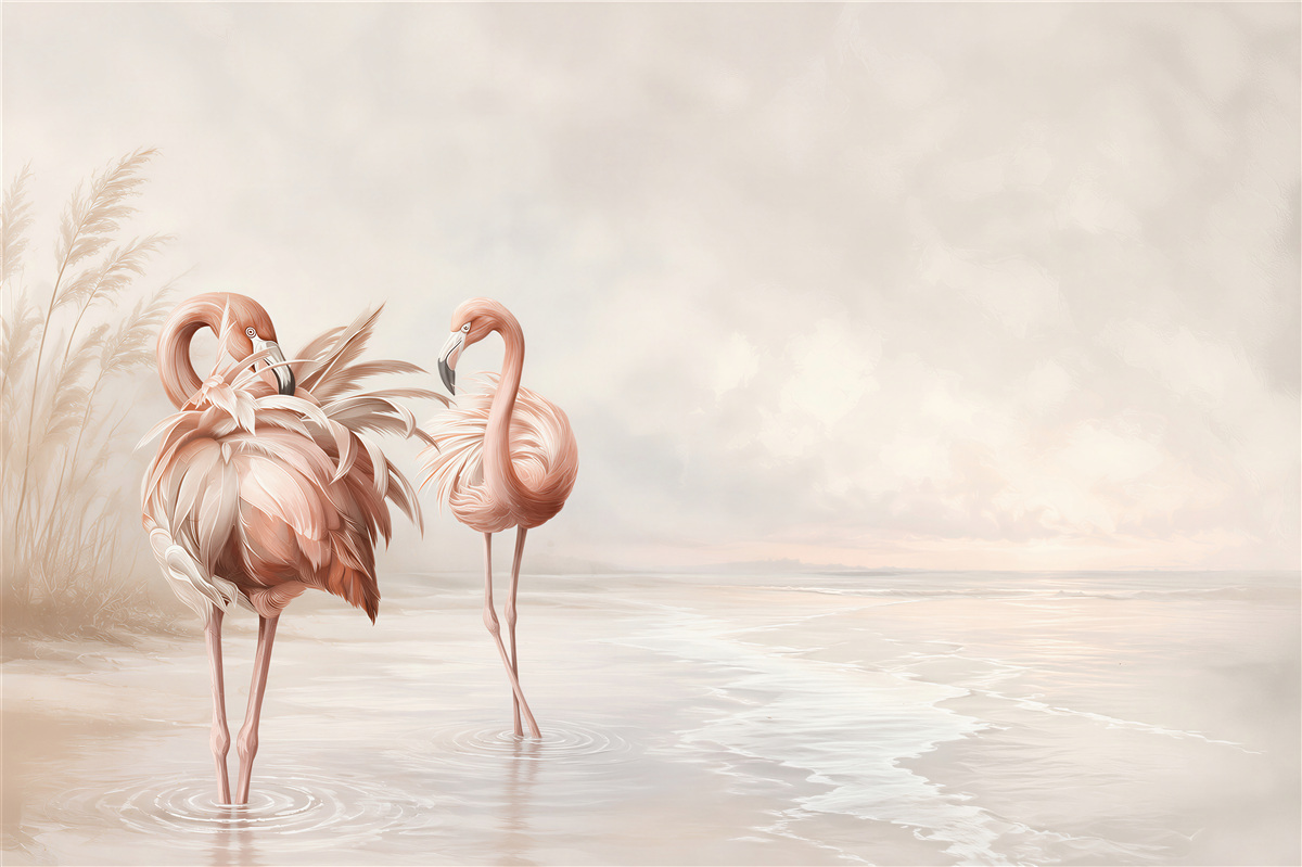 Fototapeta różowe flamingi na spokojnej plaży w pastelowych beżach
