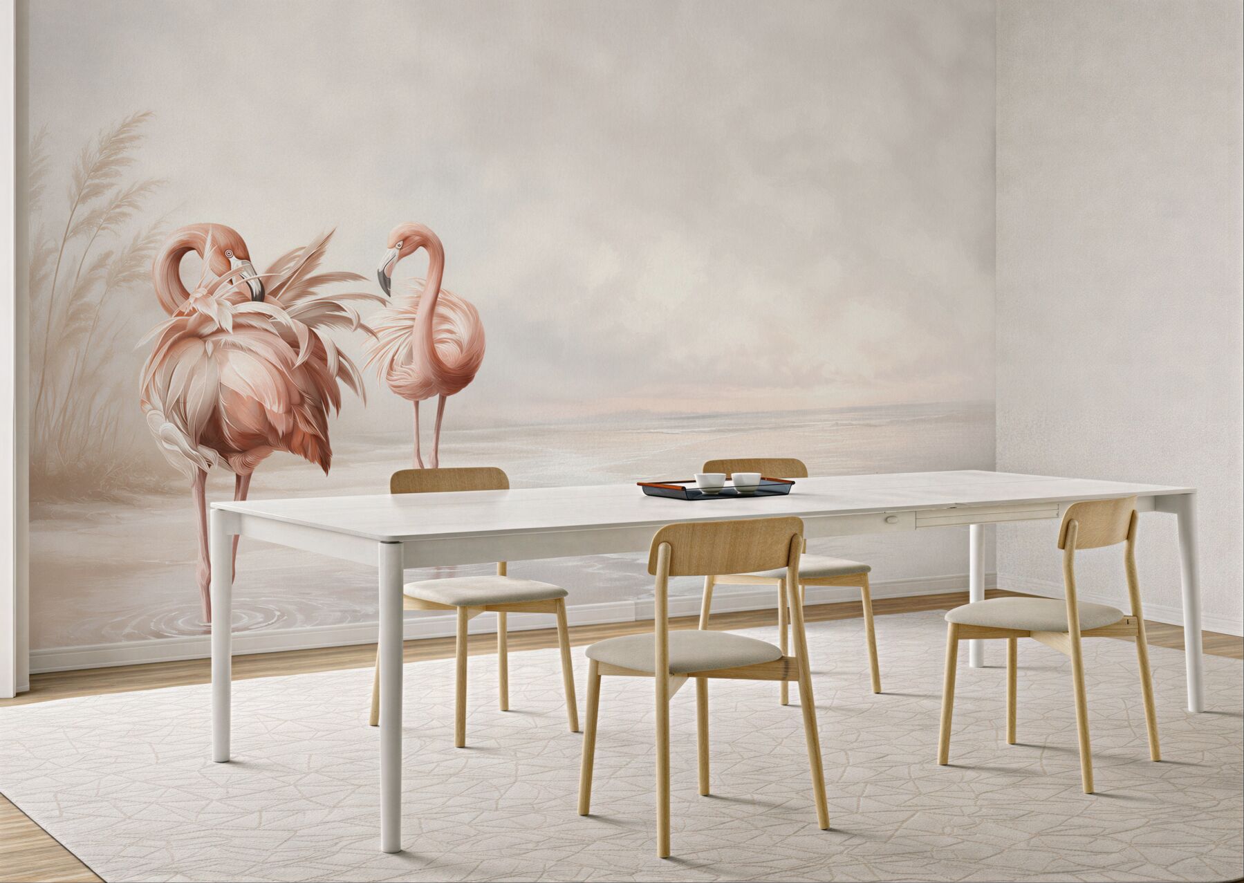 Fototapeta różowe flamingi na spokojnej plaży w pastelowych beżach?v23