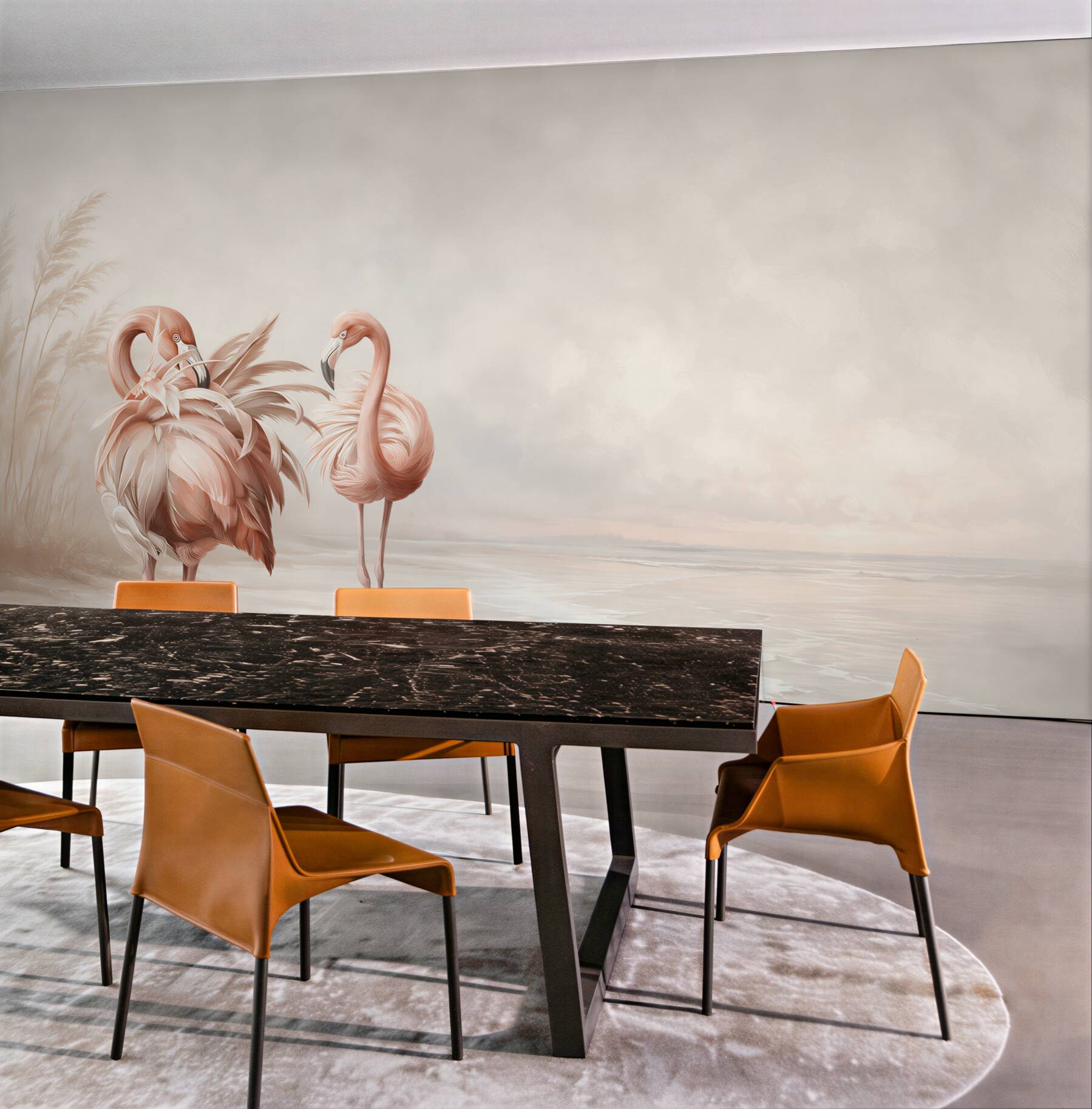 Fototapeta różowe flamingi na spokojnej plaży w pastelowych beżach?v23