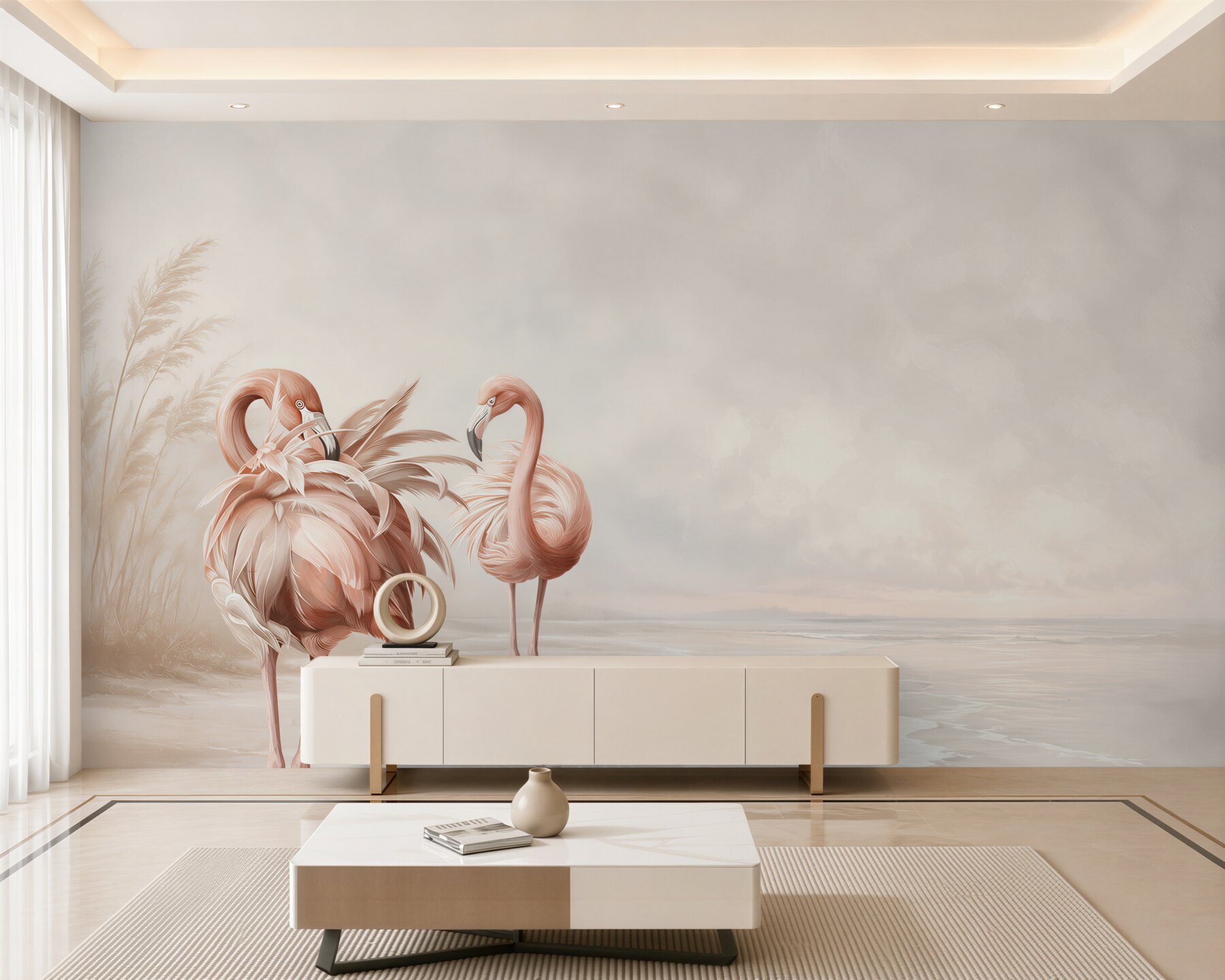 Fototapeta różowe flamingi na spokojnej plaży w pastelowych beżach?v23