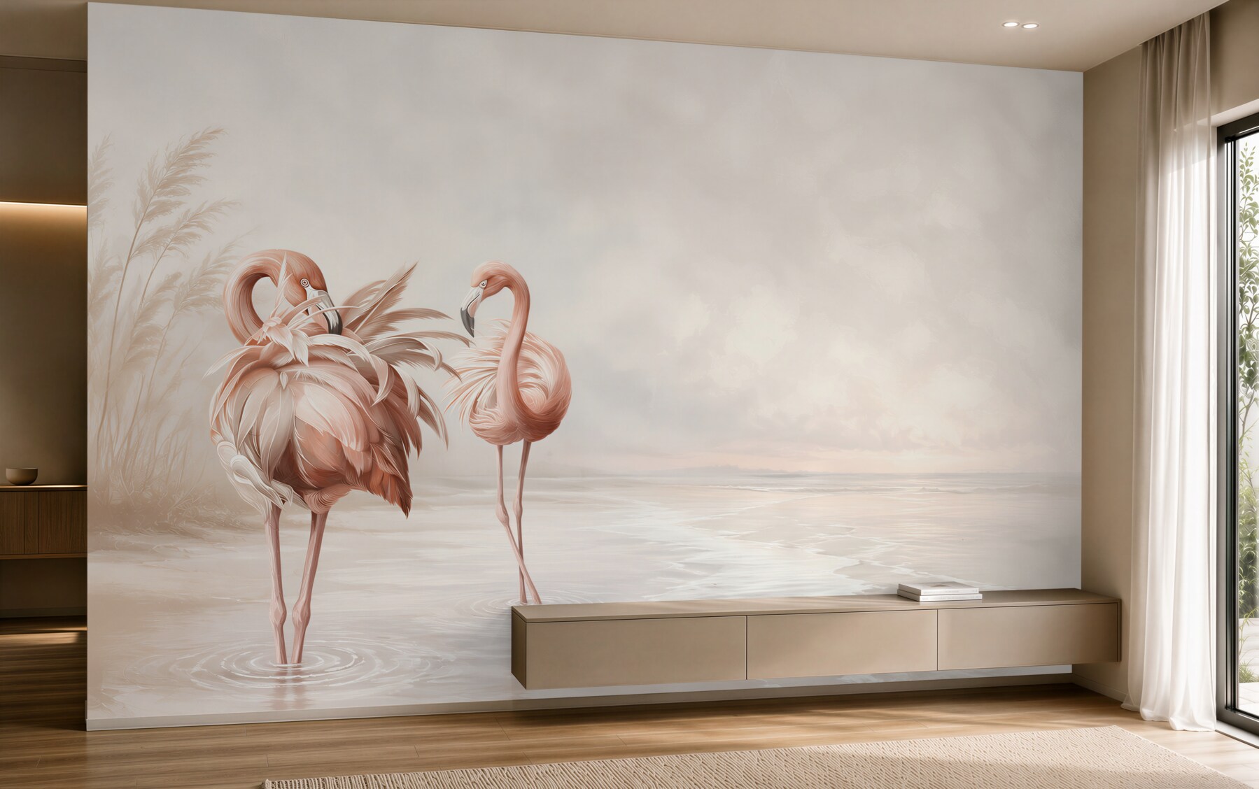 Fototapeta różowe flamingi na spokojnej plaży w pastelowych beżach?v23