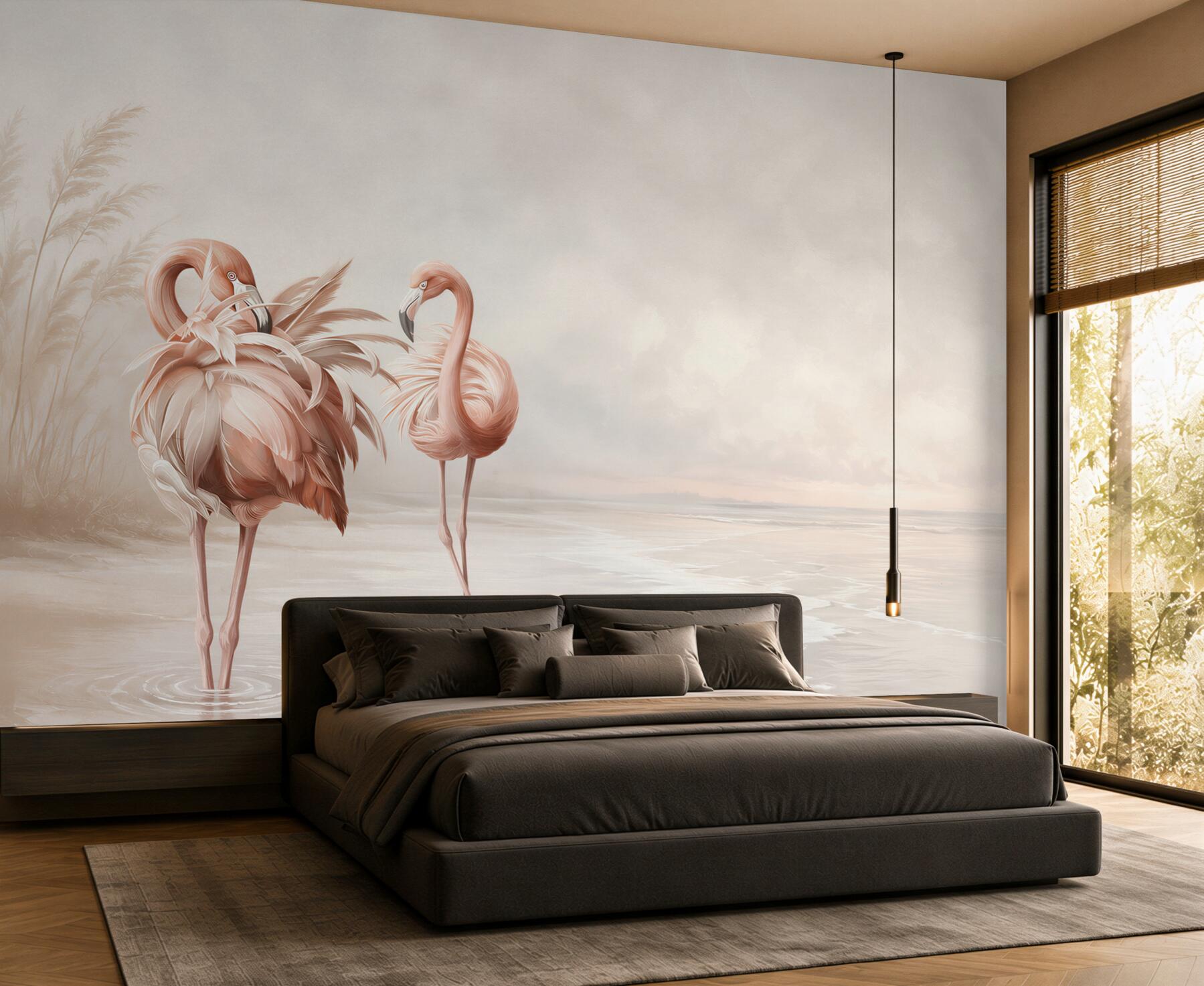 Fototapeta różowe flamingi na spokojnej plaży w pastelowych beżach?v23