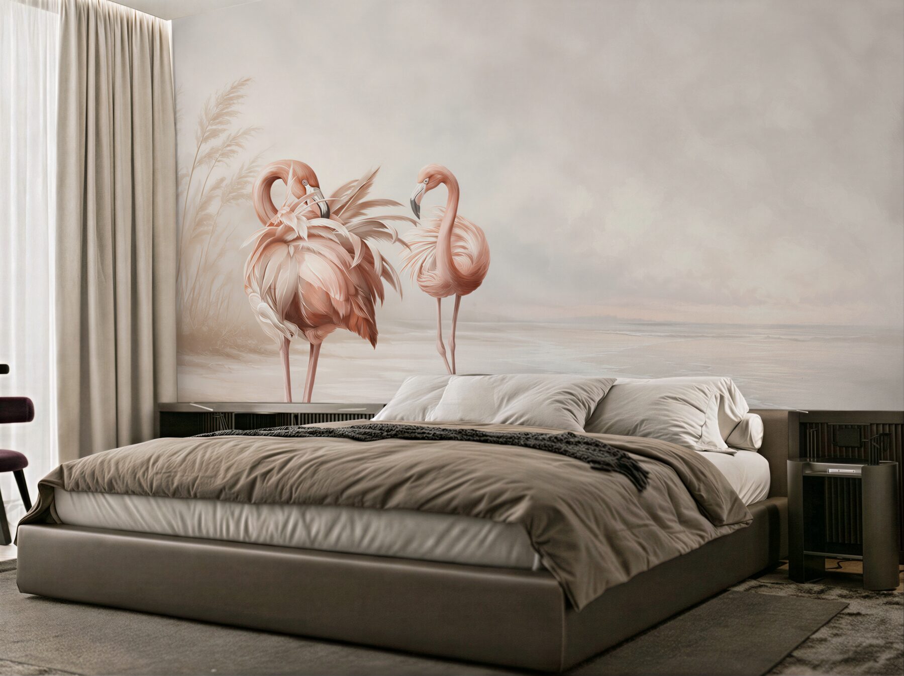 Fototapeta różowe flamingi na spokojnej plaży w pastelowych beżach?v23