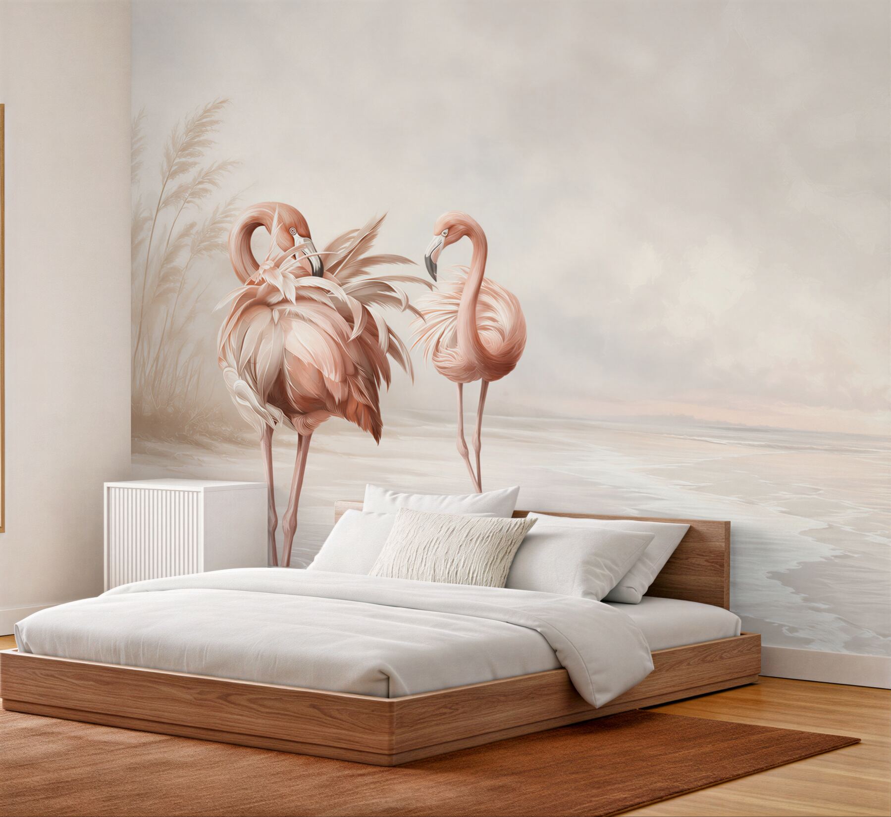 Fototapeta różowe flamingi na spokojnej plaży w pastelowych beżach?v23