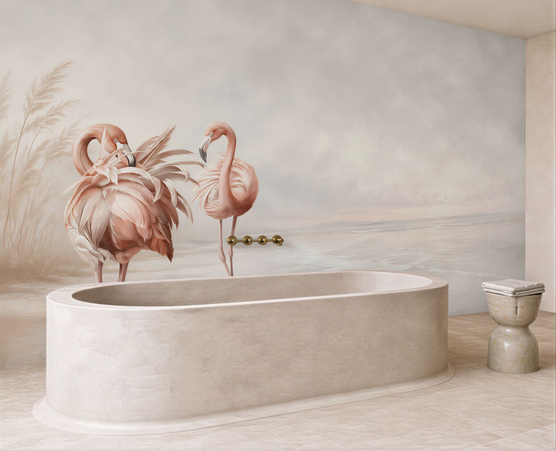 Fototapeta różowe flamingi na spokojnej plaży w pastelowych beżach?v23