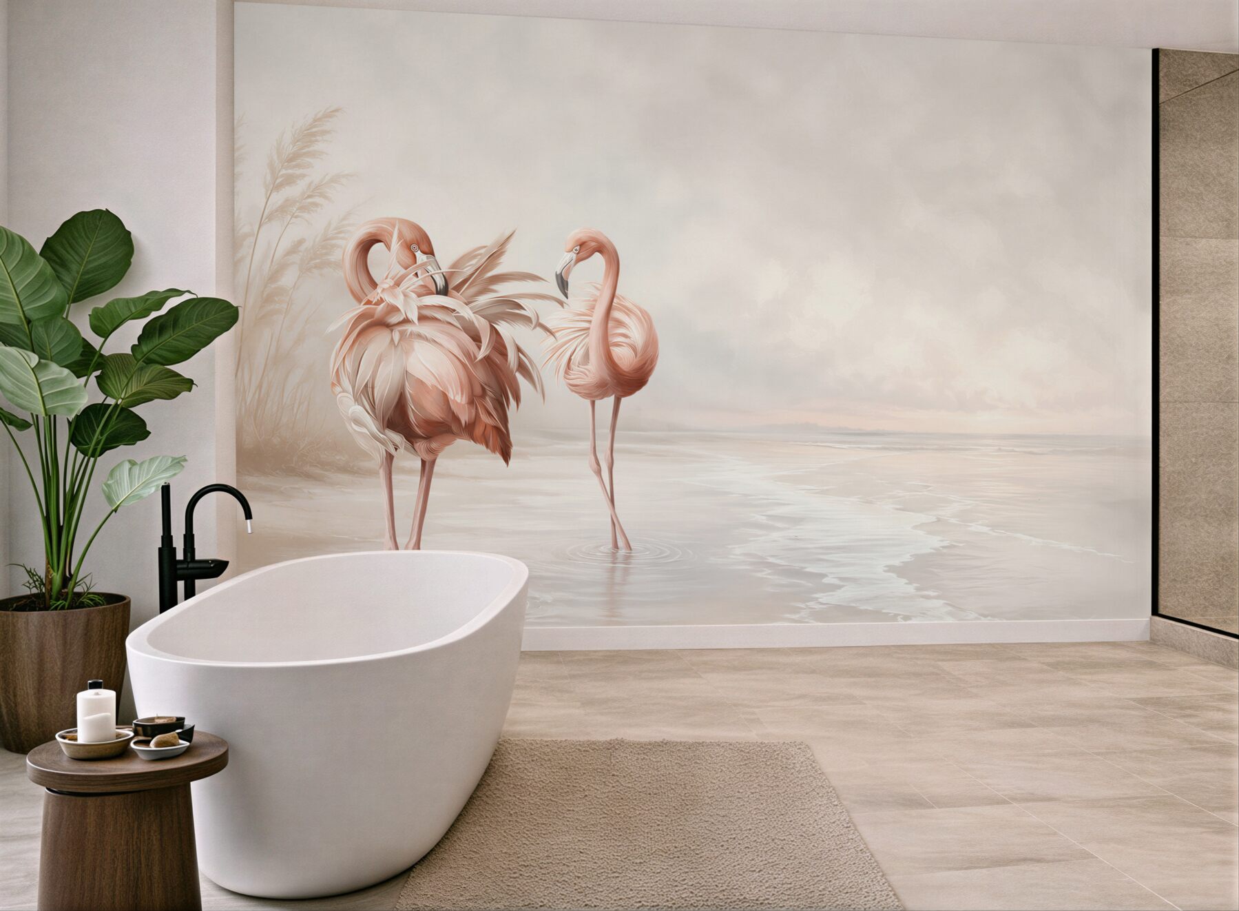 Fototapeta różowe flamingi na spokojnej plaży w pastelowych beżach?v23