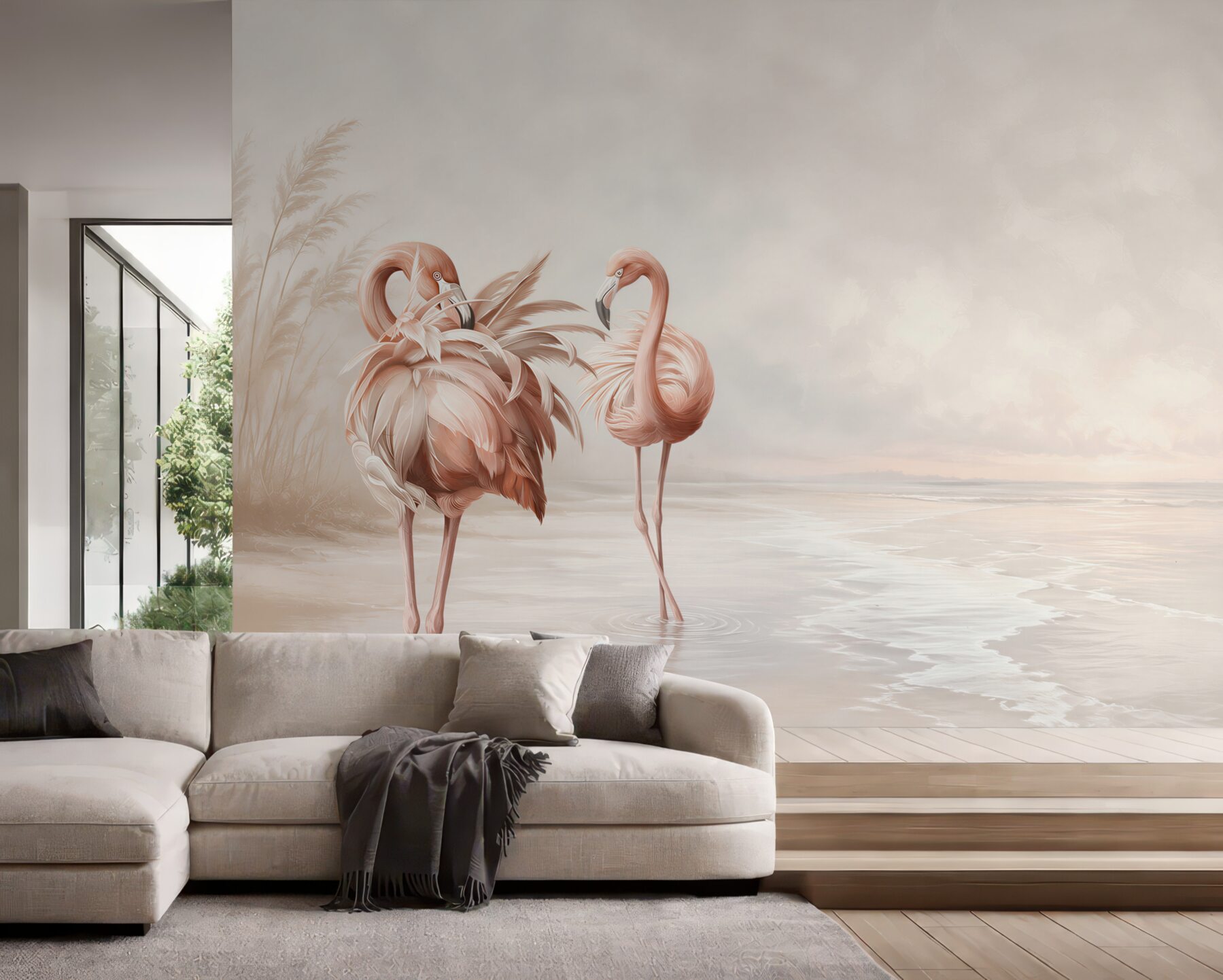 Fototapeta różowe flamingi na spokojnej plaży w pastelowych beżach?v23