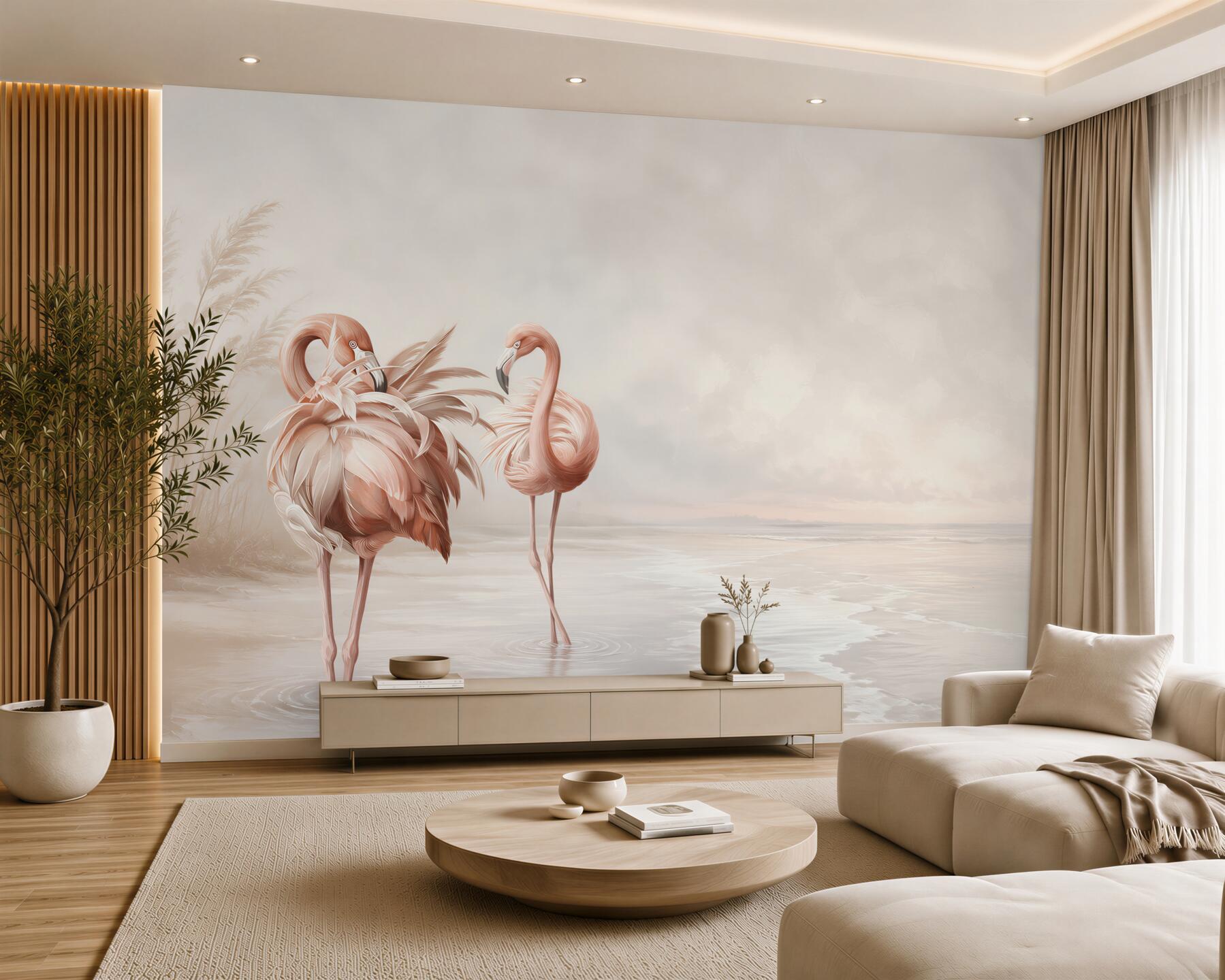 Fototapeta różowe flamingi na spokojnej plaży w pastelowych beżach