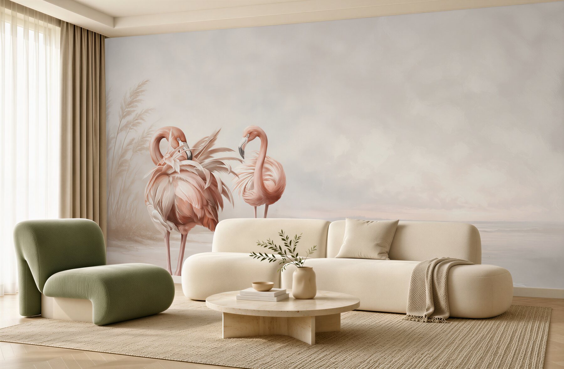 Fototapeta różowe flamingi na spokojnej plaży w pastelowych beżach?v23