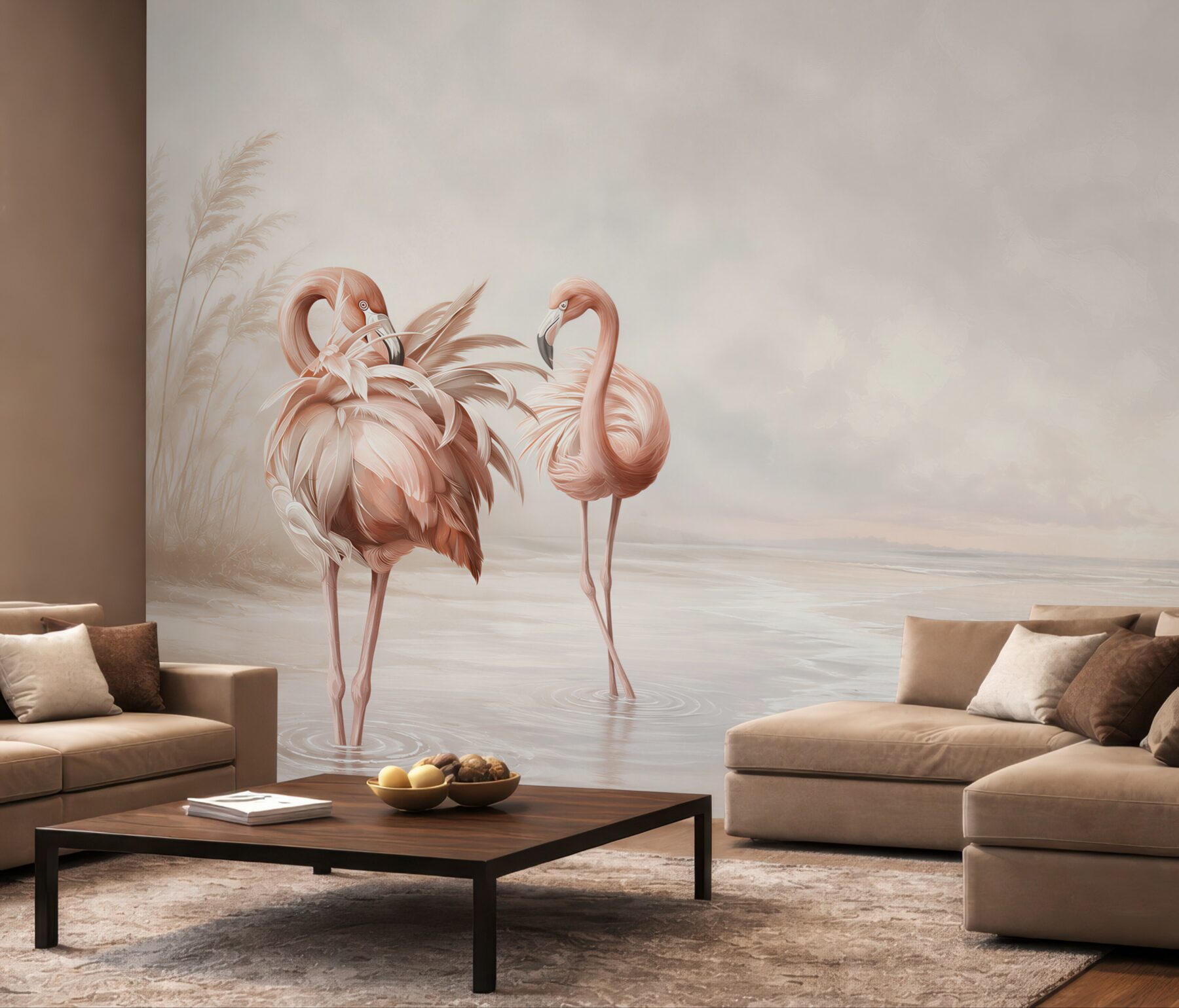 Fototapeta różowe flamingi na spokojnej plaży w pastelowych beżach?v23