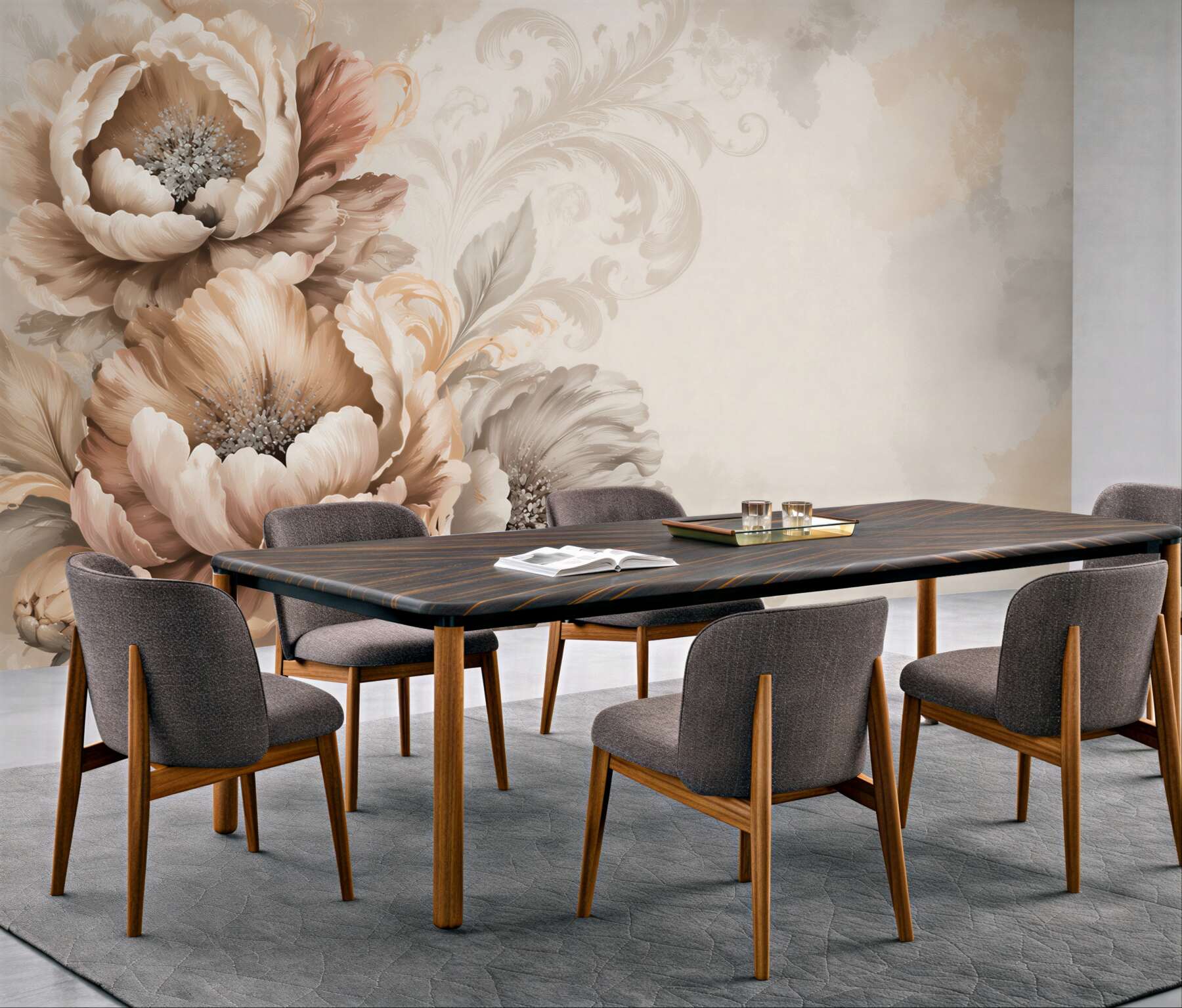 Fototapeta beżowe kwiaty piwonii z ornamentem elegancka do salonu?v23