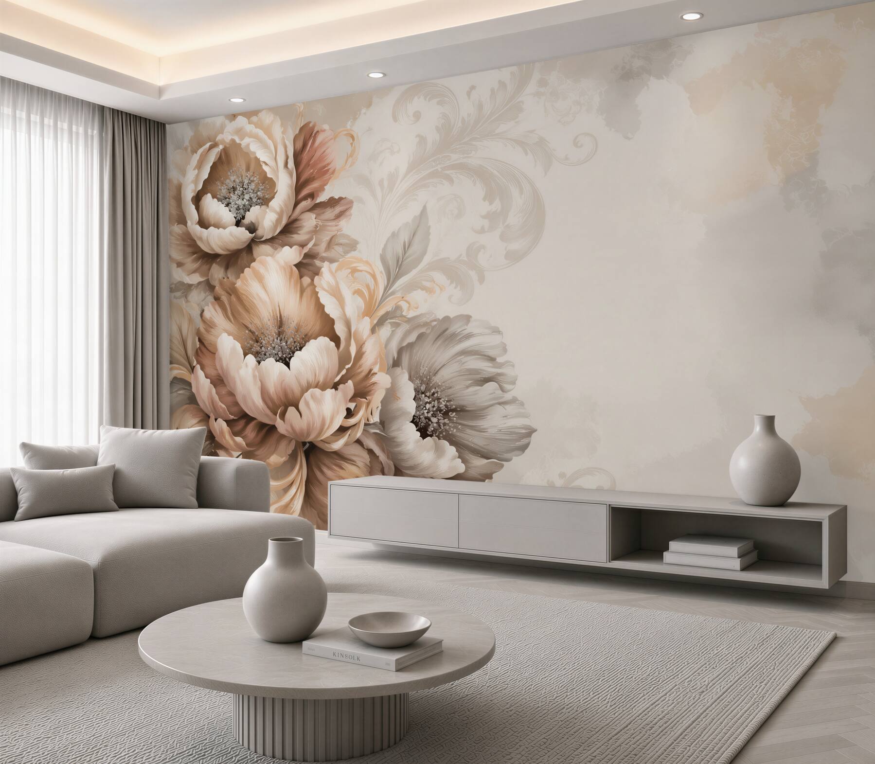 Fototapeta beżowe kwiaty piwonii z ornamentem elegancka do salonu?v23