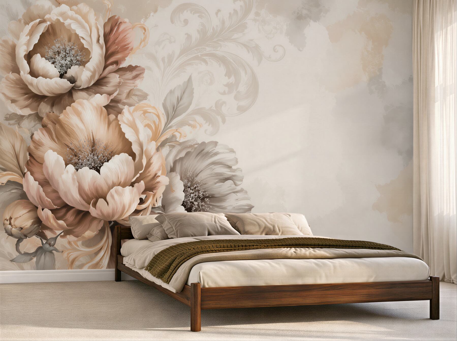 Fototapeta beżowe kwiaty piwonii z ornamentem elegancka do salonu?v23