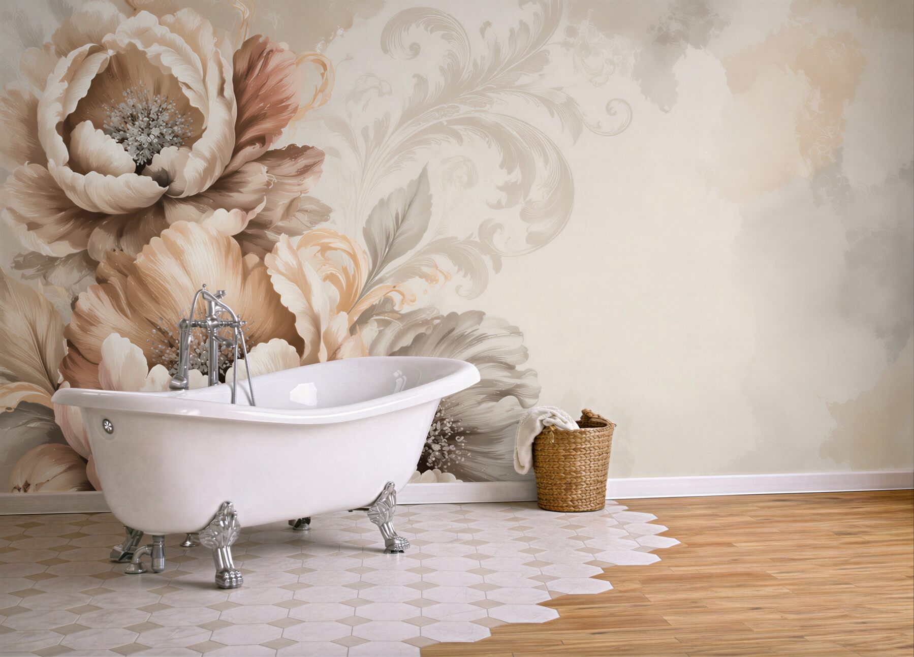 Fototapeta beżowe kwiaty piwonii z ornamentem elegancka do salonu?v23